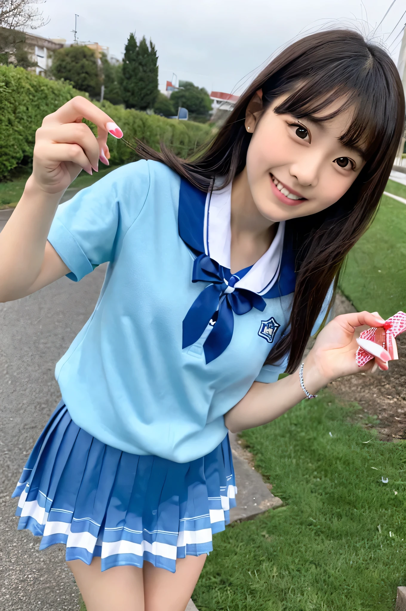 cute japanese girl (18-year-old) She is wearing a high school uniform and a blue miniskirt.。、holding valentine chocolate in both hands