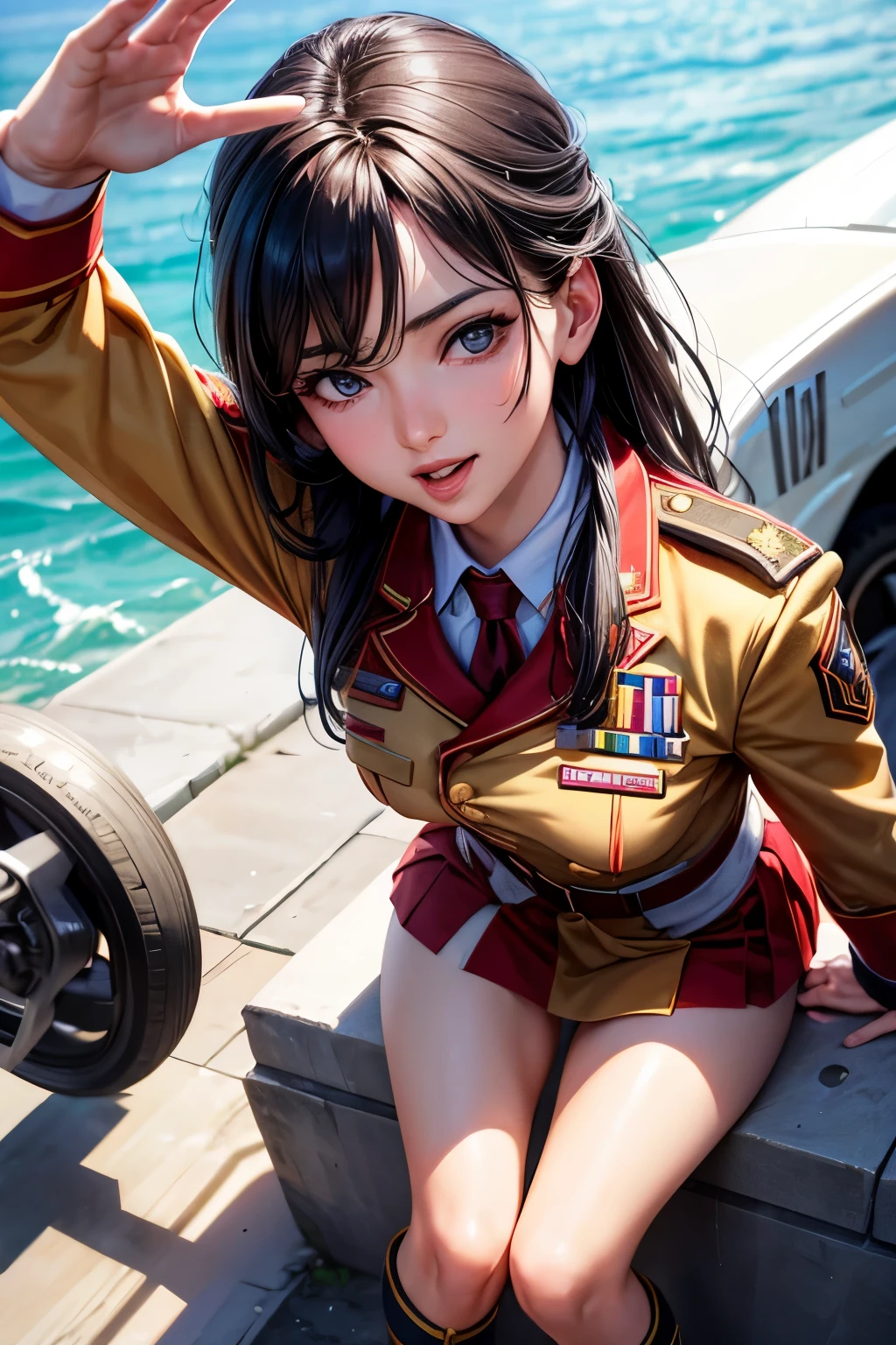 Goddess Woman, 30 years, adult, military uniform, saliva, excited, open legs, soft ligth, parted lips, face detail, from above, fingers --style realistic-imagine -