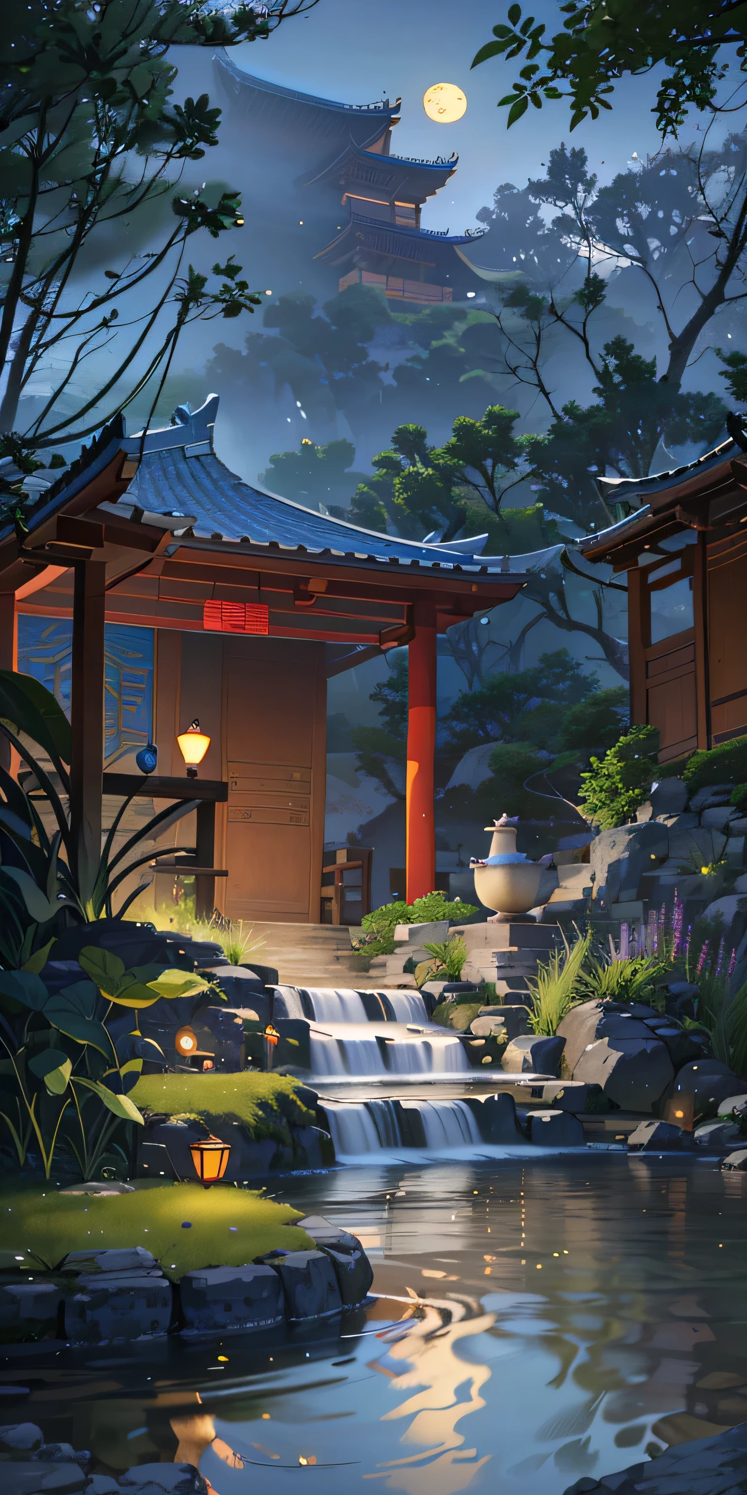 Ancient Chinese architecture, moon, midnight, garden, bamboo, lake, stone bridge, rockery, arch, corner, tree, running water, landscape, outdoor, waterfall, grass, rock, water lily, hot spring, water vapor, (Illustration: 1.0), Epic composition, realistic lighting, HD details, masterpiece, best quality, (very detailed CG unity 8k wallpaper), (very detailed CG unity 8k wallpaper), (very detailed CG unity 8k wallpaper), (very detailed CG unity 8k wallpaper), (very detailed CG unity 8k wallpaper), (very detailed CG unity 8k wallpaper), (very detailed CG unity 8k wallpaper), (very detailed CG unity 8k wallpaper), (very detailed CG unity 8k wallpaper), wallpaper (best quality)