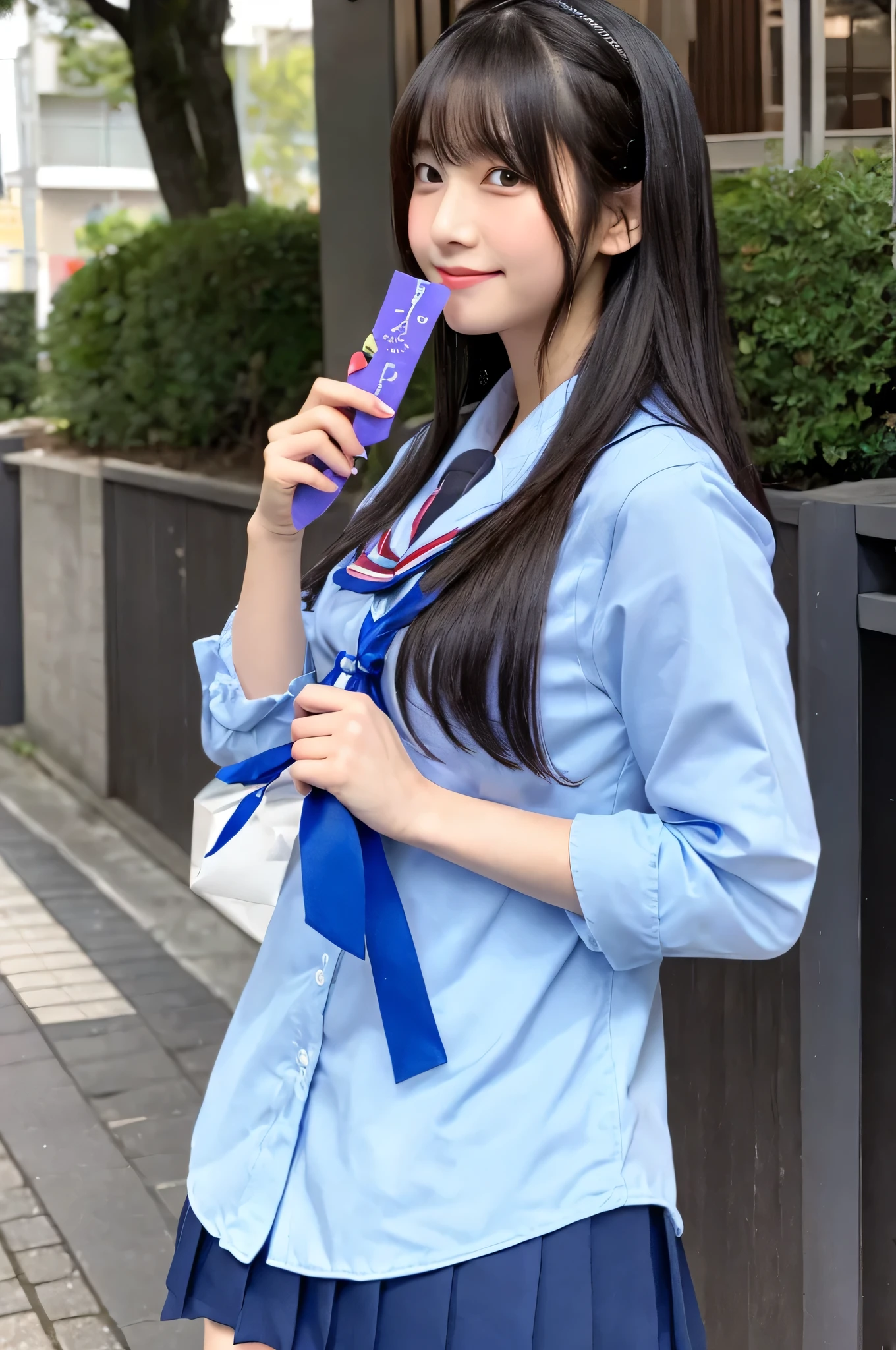 cute japanese girl (18-year-old) She is wearing a high school uniform and a blue miniskirt.。、holding valentine chocolate in both hands