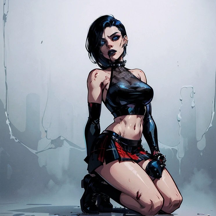 a woman with short black hair, hair on shoulders,  wearing a black cropped  and plaid skirt, blue eyes, zombie art, gothic art, cute aesthetic with vibe, toon aesthetic, wearing red costume, wearing gothic accessories, look like Cassie Hack, whole body, on his knees  ,on his knees holding a skull in his hand, white background