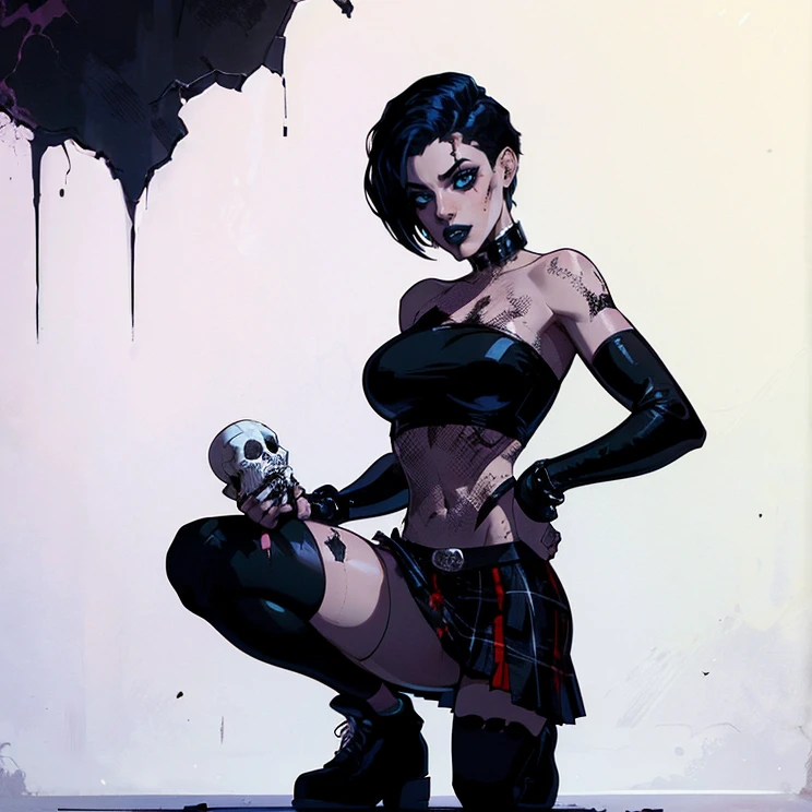 a woman with short black hair, hair on shoulders, wearing a black cropped and plaid skirt, blue eyes, zombie art, gothic art, cute aesthetic with vibe, toon aesthetic, wearing red costume, wearing gothic accessories, look like Cassie Hack, whole body, on his knees ,on his knees holding a skull in his hand, white background