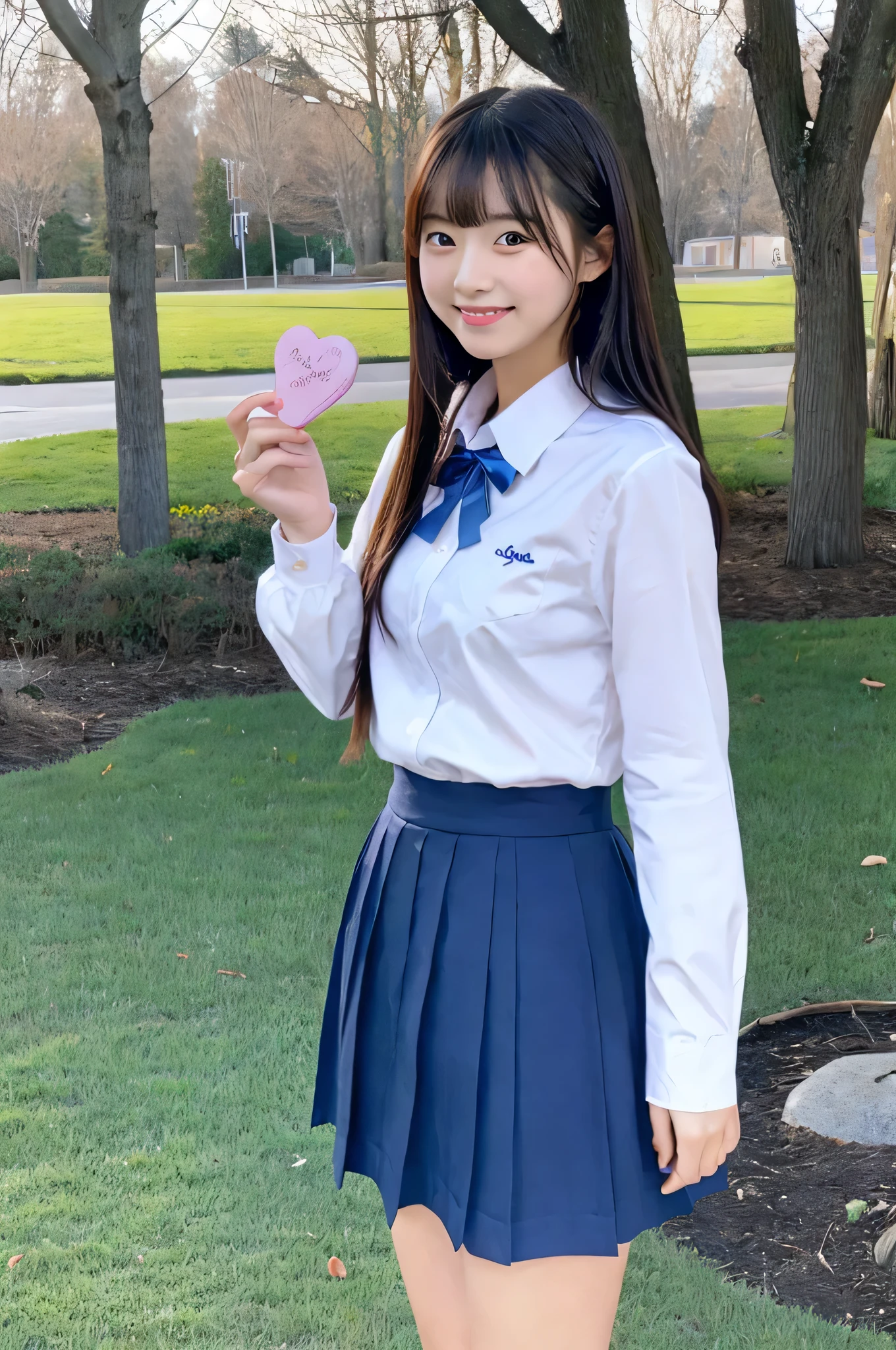 cute japanese girl (18-year-old) She is wearing a high school uniform and a blue miniskirt.。、holding valentine chocolate in both hands