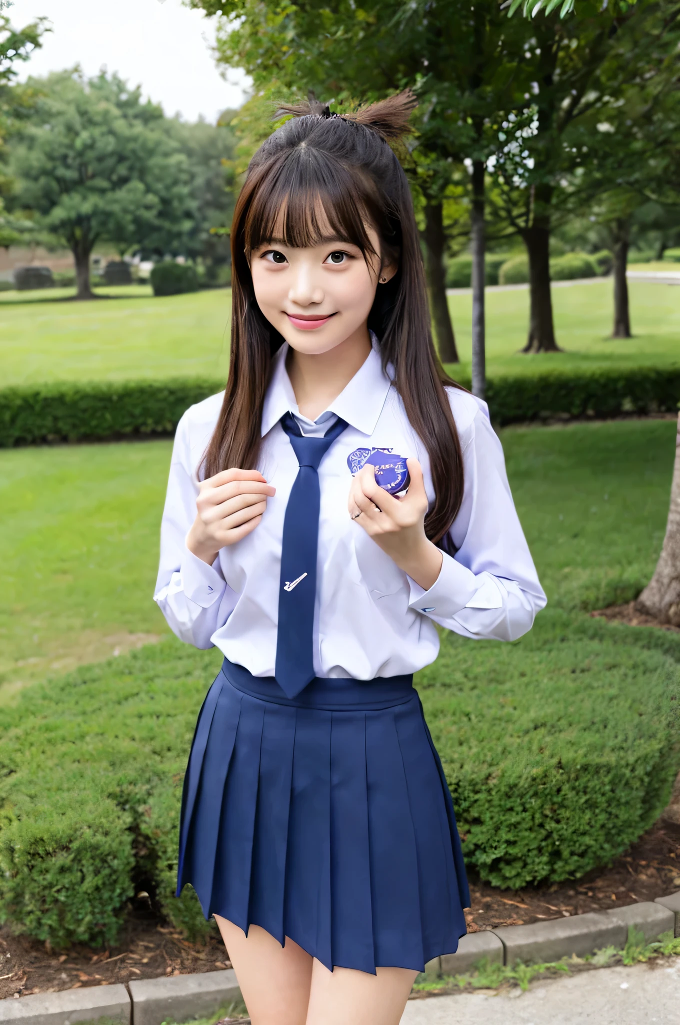 cute japanese girl (18-year-old) She is wearing a high school uniform and a blue miniskirt.。、holding valentine chocolate in both hands