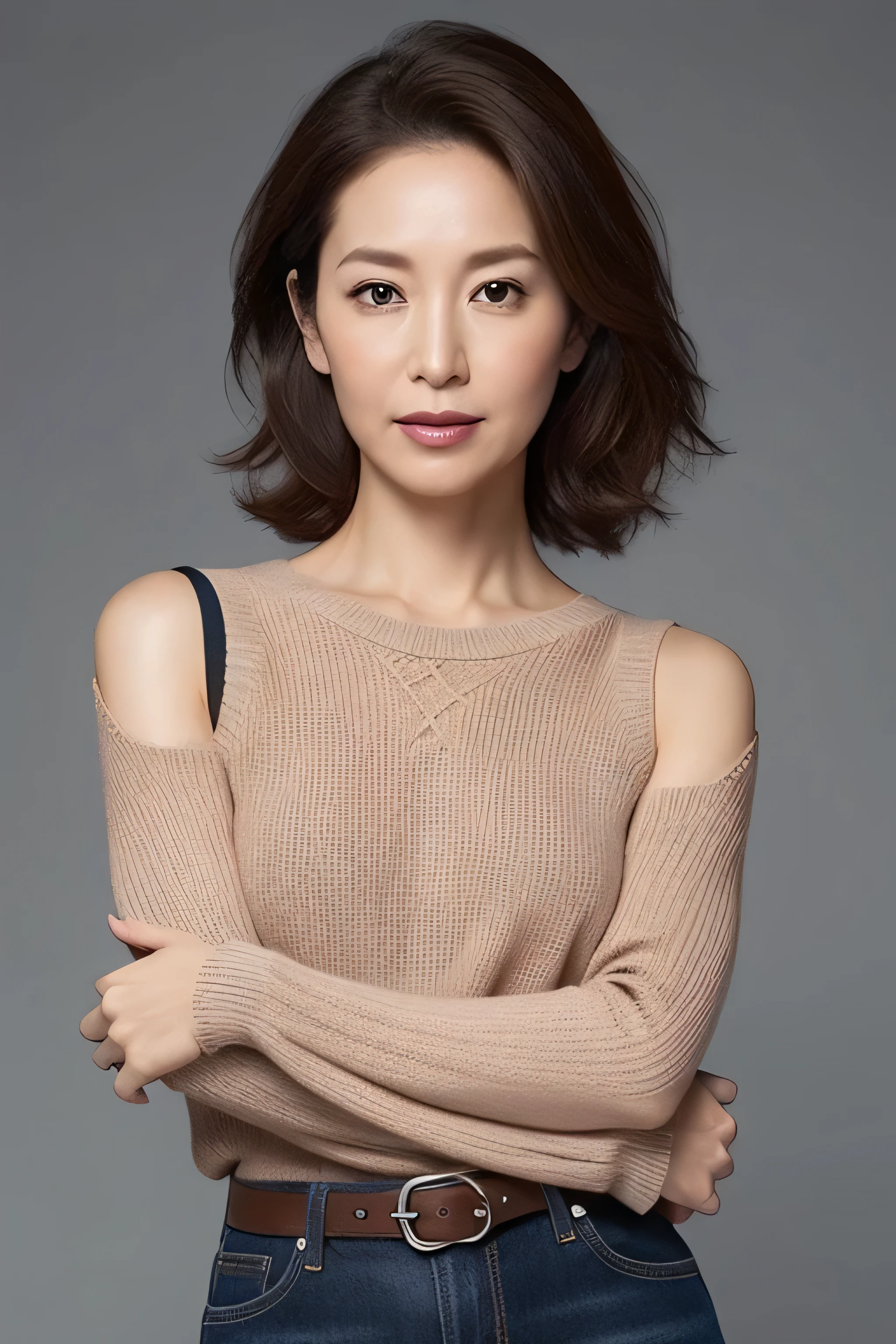 High resolution, High level image quality, high detail, masterpiece, rough skin, anatomically correct, sharp, gray background((japanese mature, 38 years old)), alone, ((facial wrinkles)), good shape big breasts, Light brown short curly hair that reaches to the shoulders, Chubby body type (((stand upright, facing the center of the screen.))), ((Close your mouth and look straight ahead with a serious face)), sweater, skirt, ((cowboy shot)),