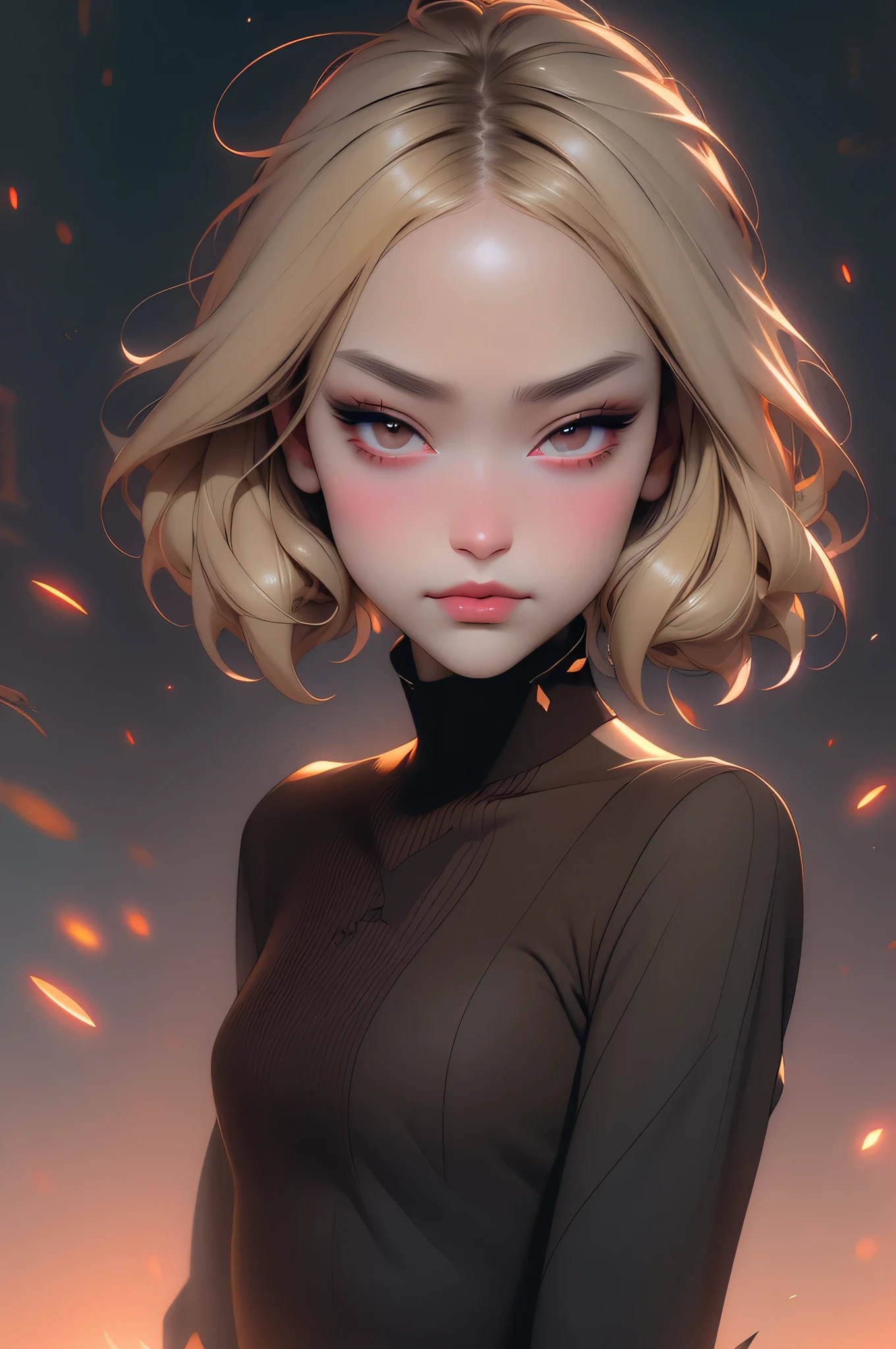(dark brown eyes;1.2), 1girl, pose, particle, wind, flower, 接写,looking at viewer, blonde, galaxy,プリズム、迷路、混乱、波動
