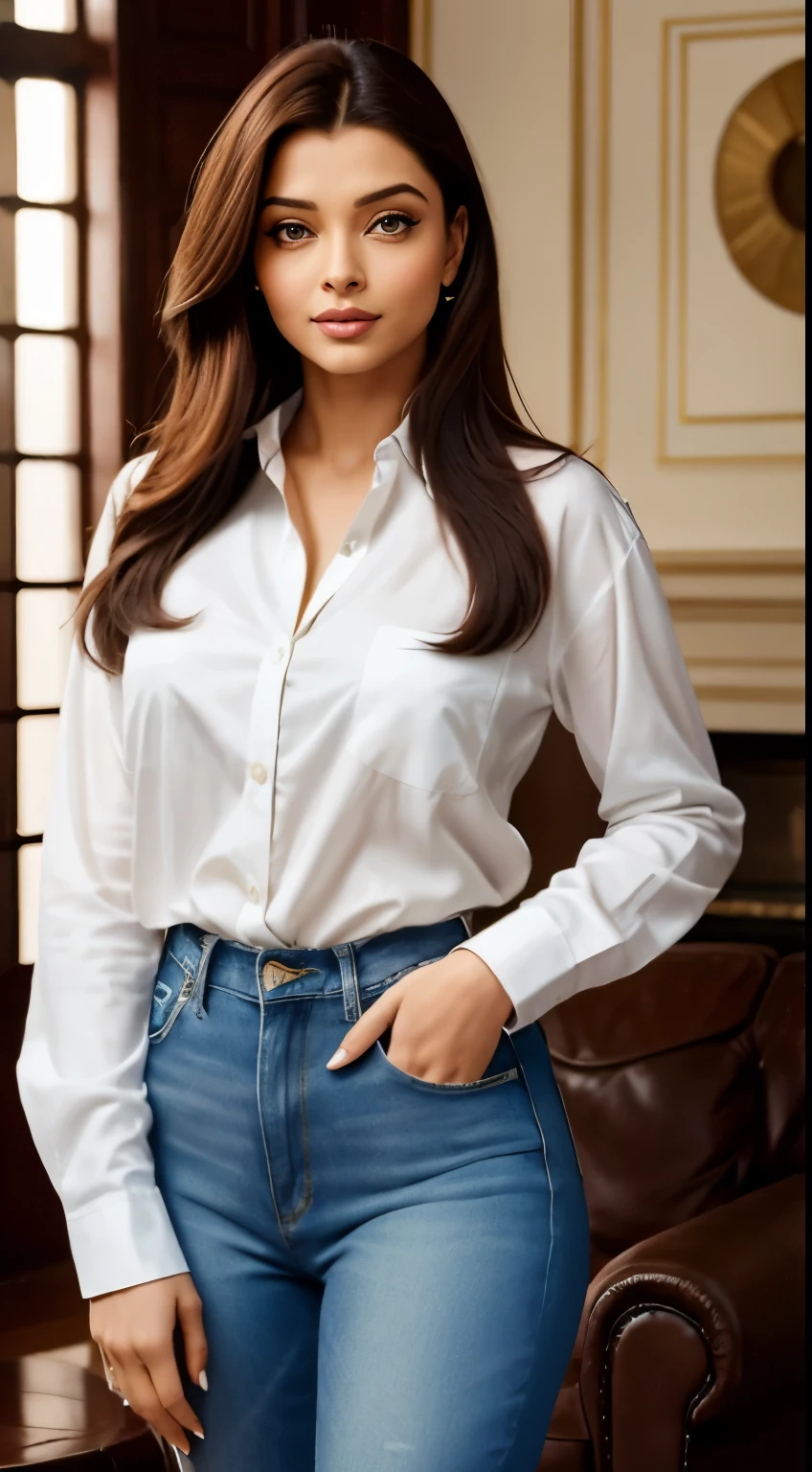 Foto hiperrealista en primer plano de Aishwarya Rai Bachchan, masterpiece, best quality, (photorealistic:1.4), full body, (white unbuttoned oversize shirt:1.1), (blue jeans:1.2), heels, living room, cinematic light, beautiful woman, skinny, medium breasts, straight brown hair, detailed face, smile, facing the camera, photo taken from a distance, age of 20 years old,