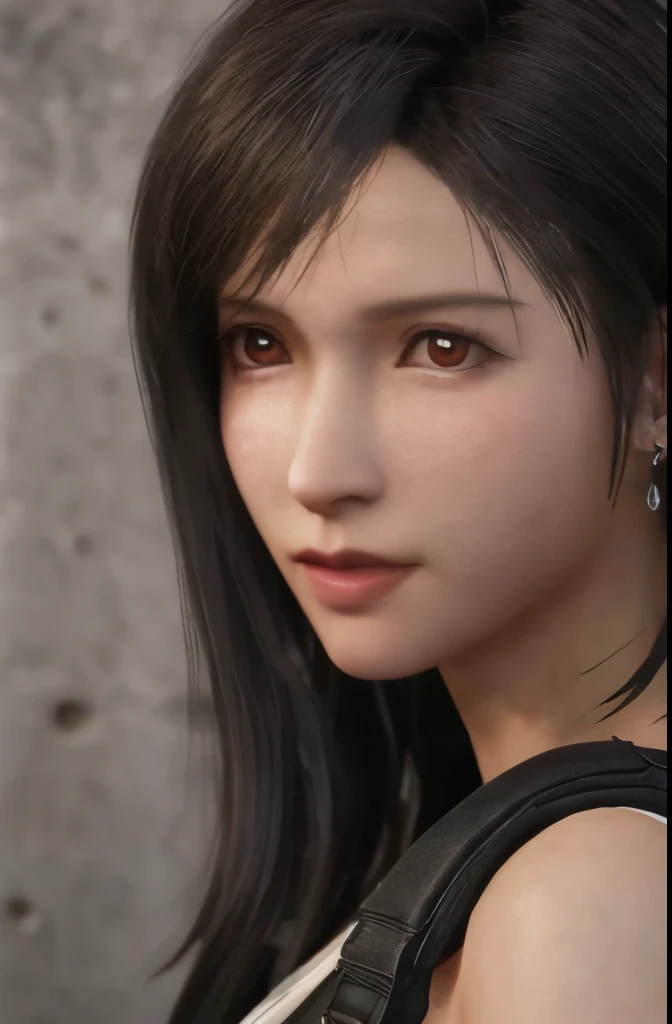 (masterpiece), (Highest image quality), 8K resolution, Super fine, Super fine, realism, realism, tifa lockhart、small face、no makeup、short hair、dark brown hair、Detailed beautiful eyes、Bust B Cup、Slender Body Type、sexy pose、cool pose、Concrete wall in the background、metal pipes