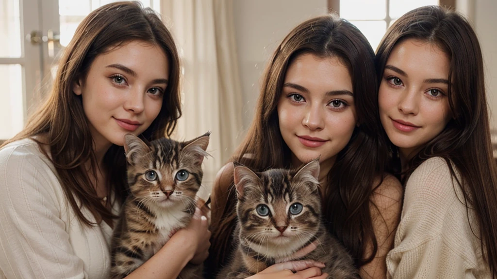 
「Beautiful woman like realistic photo、Has double patchy purple eyes、Smiling gracefully with long brown hair、Generate images depicting an adorable kitten cuddling scene。Women's eyes glow dark purple、Long brown hair flutters gracefully in the wind。Kittens with fluffy fur、It's full of cuteness。The background is a bright area with natural light、It's a heartwarming atmosphere。」