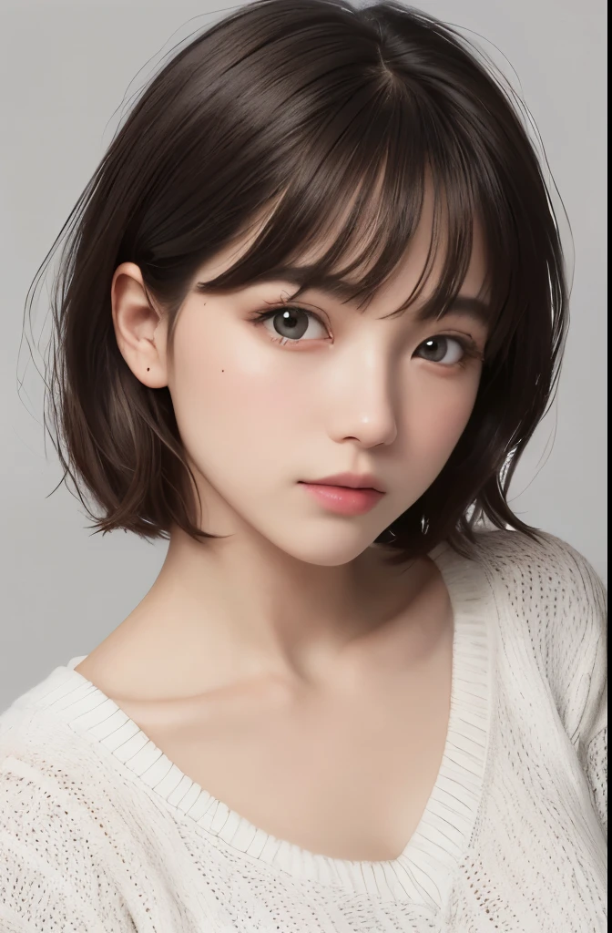 High definition CG unity 8k wallpaper, highest quality, Super detailed, muste piece, real, photo realistic,(white sweater), disorganized, Charm, Ultra high definition, 超real, High resolution, golden ratio、30 years old mature woman、small face、no makeup、Bust B Cup、、small breasts、Detailed beautiful eyes、short hair、dark brown hair、cool pose、gray background