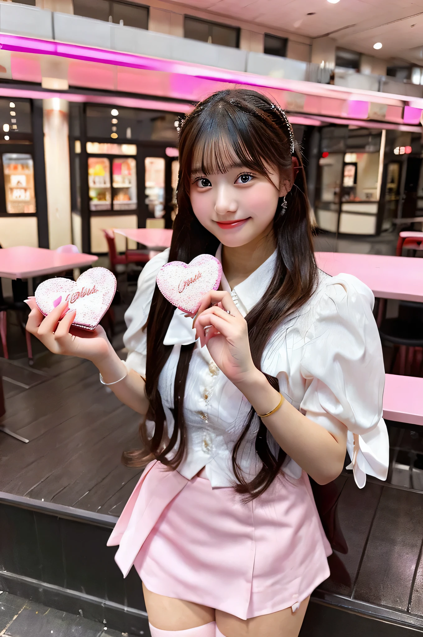 An 18-year-old high school girl wearing a pink miniskirt and white shirt..、holding valentine chocolate in both hands。