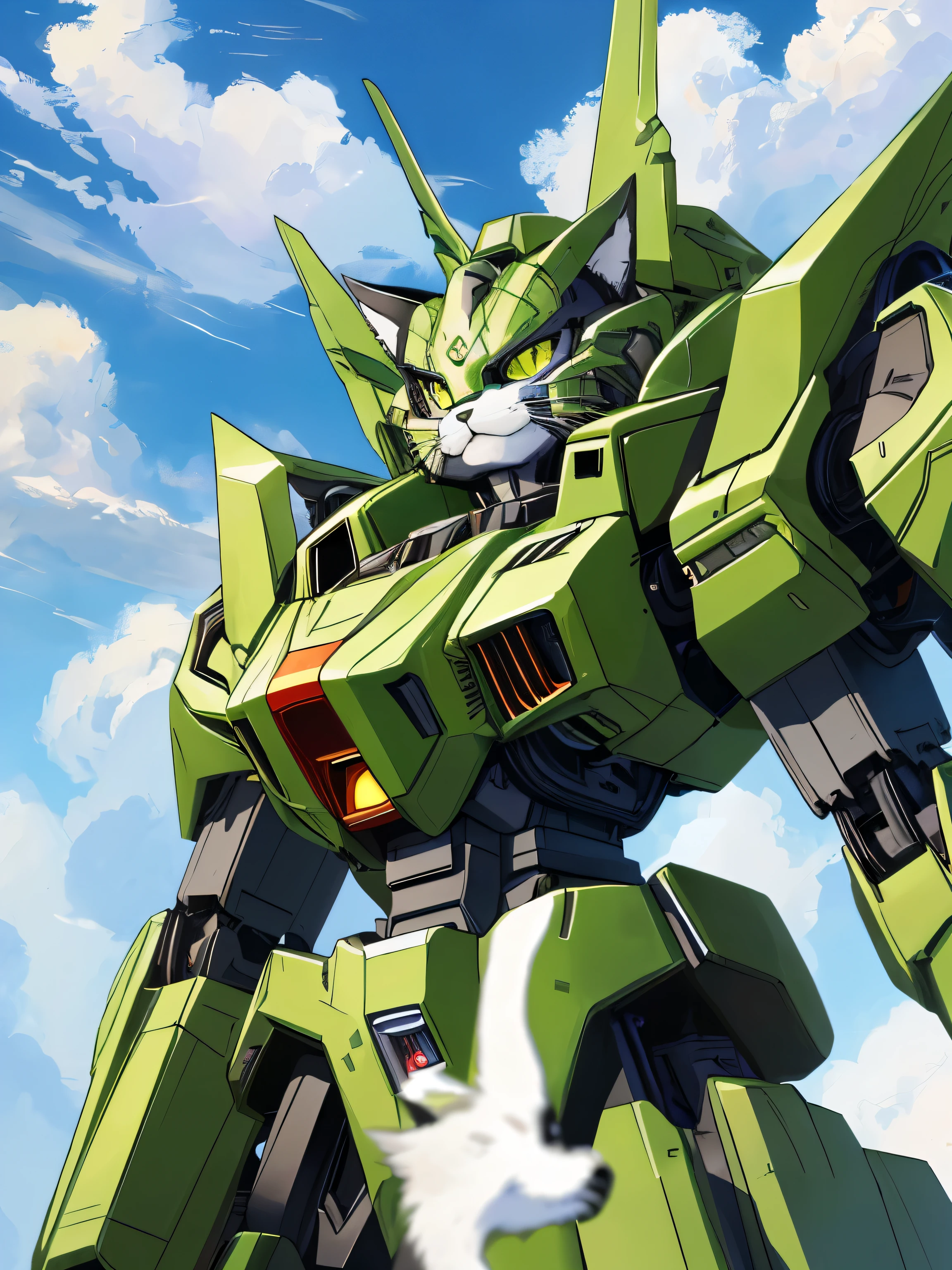 Unorganized solutions, High resolution, (masterpiece: 1.3), hyper detail, Mecha, ((Cat)),Green Armor, floating in the sky (1.8) Against the background of blue sky and white clouds