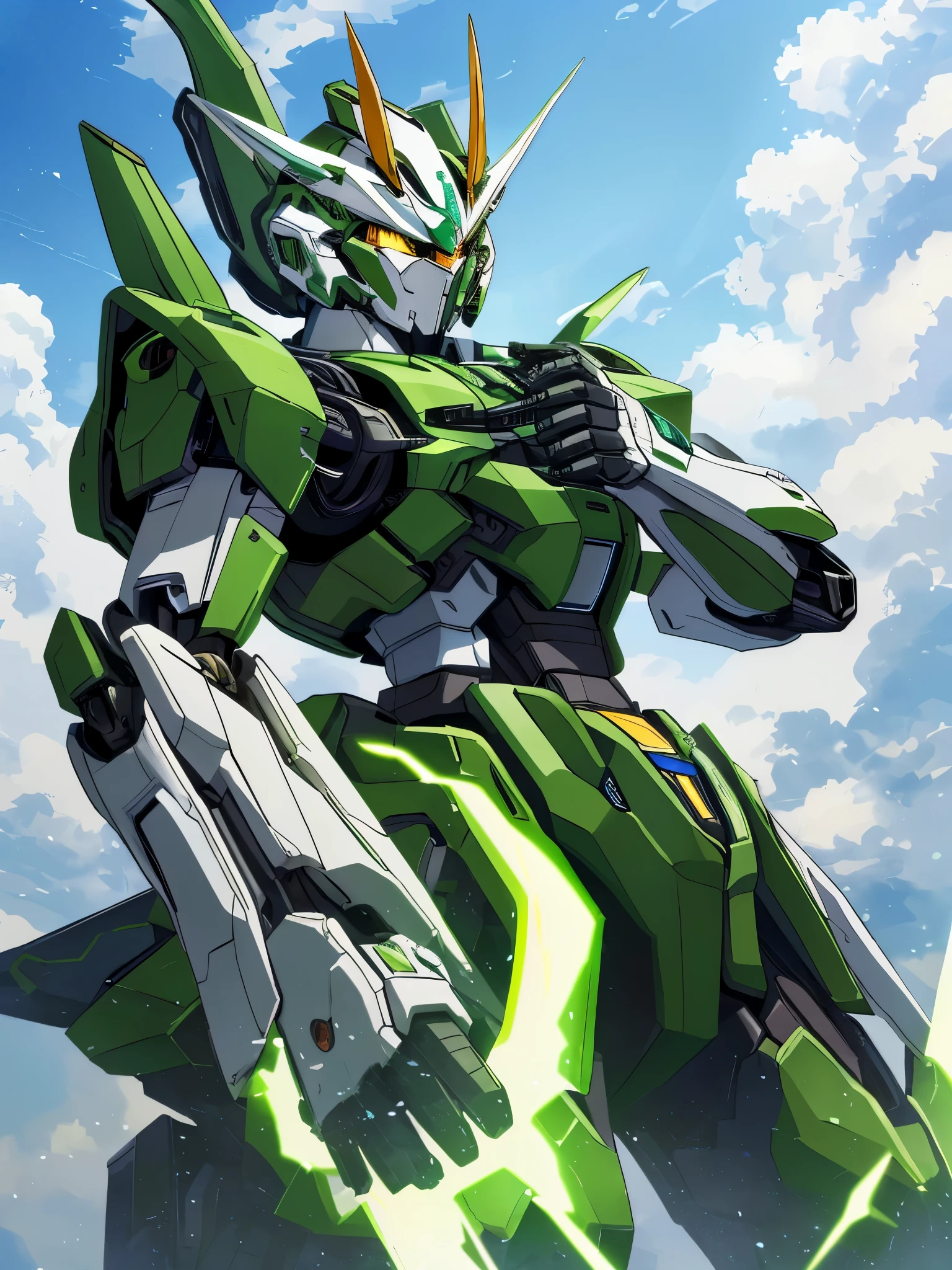 Unorganized resolution, High resolution, (masterpiece: 1.3), hyper detail, Mecha, Mechaの猫耳,Green armor, floating in the sky (1.8) Against the background of blue sky and white clouds