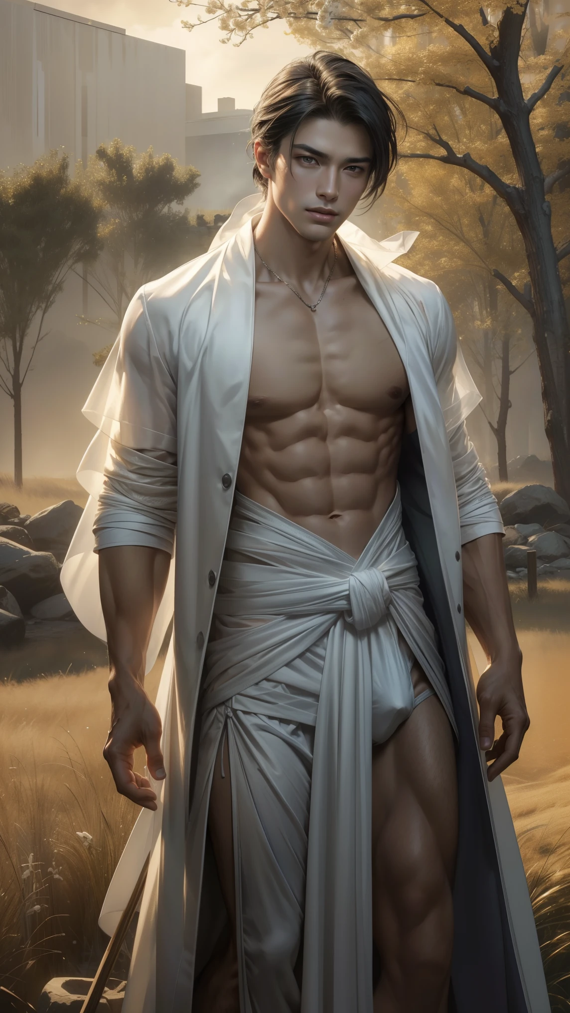 1 man, (male model) hot skin, masterpiece, best quality, most handsome man in the world, by Shen Quan, perfect body, beautiful male model, an attractive man 18-24 years old aesthetic, blossoms in spring, green fields, spring, plains, trees, flowers, blue sky, rough and handsome young man in white transparent robe, white transparent fabric, shirtless jacket shoulders, exposed chest muscles, exposed thighposed transparent white briefs)), (male focus), (smooth body)), smile, super cute, dynamic pose, cool and seductive, dramatic lighting, full body shot, full body shoot, young face, full body, body hairless, skinny tall, fit body, dominant, white or white skin, young face, firm body, hd, natural flesh tone, soft light, highly detailed, looking at the audience, photography, detailed skin, real person, realistic, photorealistic realistic, crazy detail, facial detail, hype maximization, hype surrealism, film, telephoto, lighting complex detail , Highly detailed, Highly detailed, Digital painting, artstation, concept art, smooth, sharp focus, illustration, Unreal Engine 5, 8K, art by Ross Tran and Greg Rutkowski and Alphonse Mucha, UHD, 8k, Show men only .8k Ultra HD, DSLR, dim lighting, high quality, film grain, Fujifilm XT3, male fan, 2-person, two-person model.