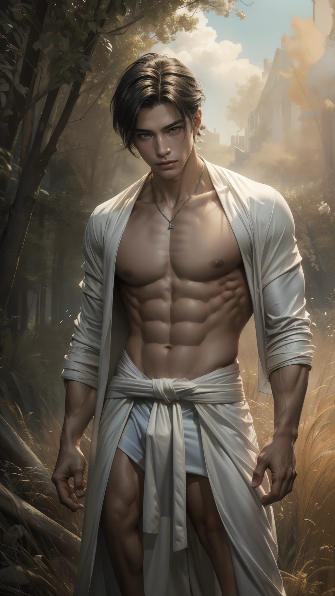 1 man, (male model) hot skin, masterpiece, best quality, most handsome man in the world, by Shen Quan, perfect body, beautiful male model, an attractive man 18-24 years old aesthetic, blossoms in spring, green fields, spring, plains, trees, flowers, blue sky, rough and handsome young man in white transparent robe, white transparent fabric, shirtless jacket shoulders, exposed chest muscles, exposed thighposed transparent white briefs)), (male focus), (smooth body)), smile, super cute, dynamic pose, cool and seductive, dramatic lighting, full body shot, full body shoot, young face, full body, body hairless, skinny tall, fit body, nt, white or white skin, young face, firm body, hd, natural flesh tone, soft light, highly detailed, looking at the audience, photography, detailed skin, real person, realistic, photorealistic realistic, crazy detail, facial detail, hype maximization, hype surrealism, film, telephoto, lighting complex detail , Highly detailed, Highly detailed, Digital painting, artstation, concept art, smooth, sharp focus, illustration, Unreal Engine 5, 8K, art by Ross Tran and Greg Rutkowski and Alphonse Mucha, UHD, 8k, Show men only .8k Ultra HD, DSLR, dim lighting, high quality, film grain, Fujifilm XT3, male fan, 2-person, two-person model.