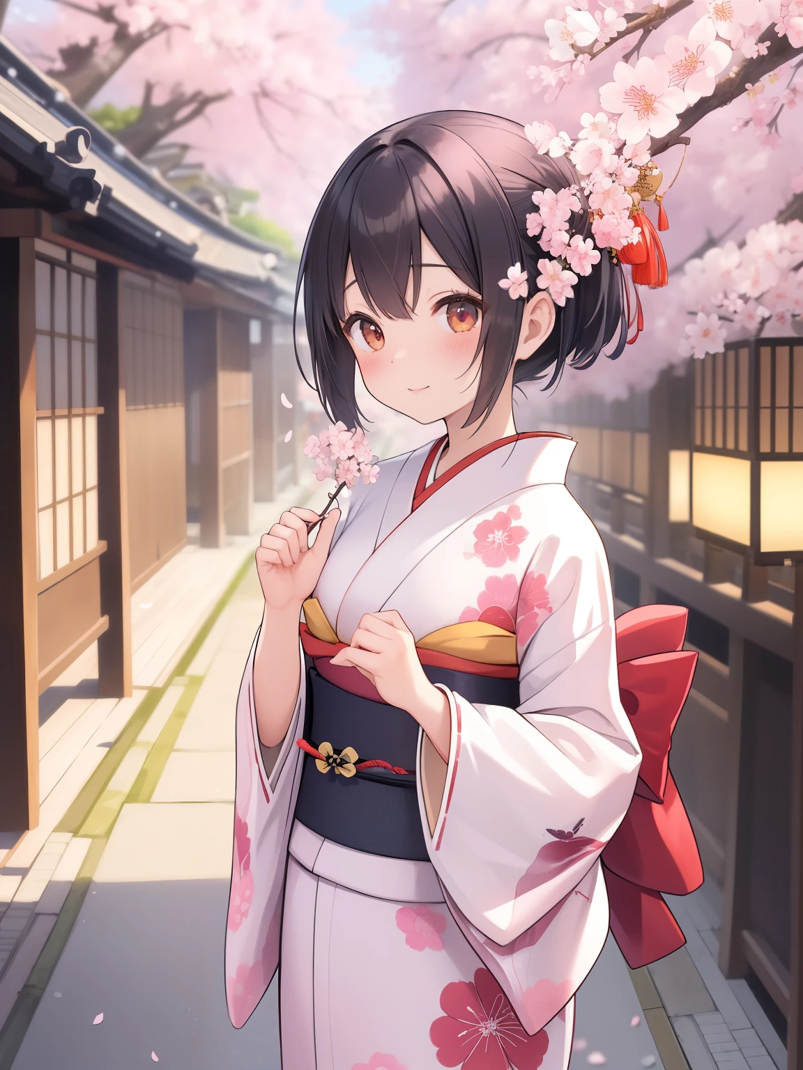 (best quality, master piece)、maiko、kimono、cherry blossoms、Japan、Kyoto、NSFW,、street