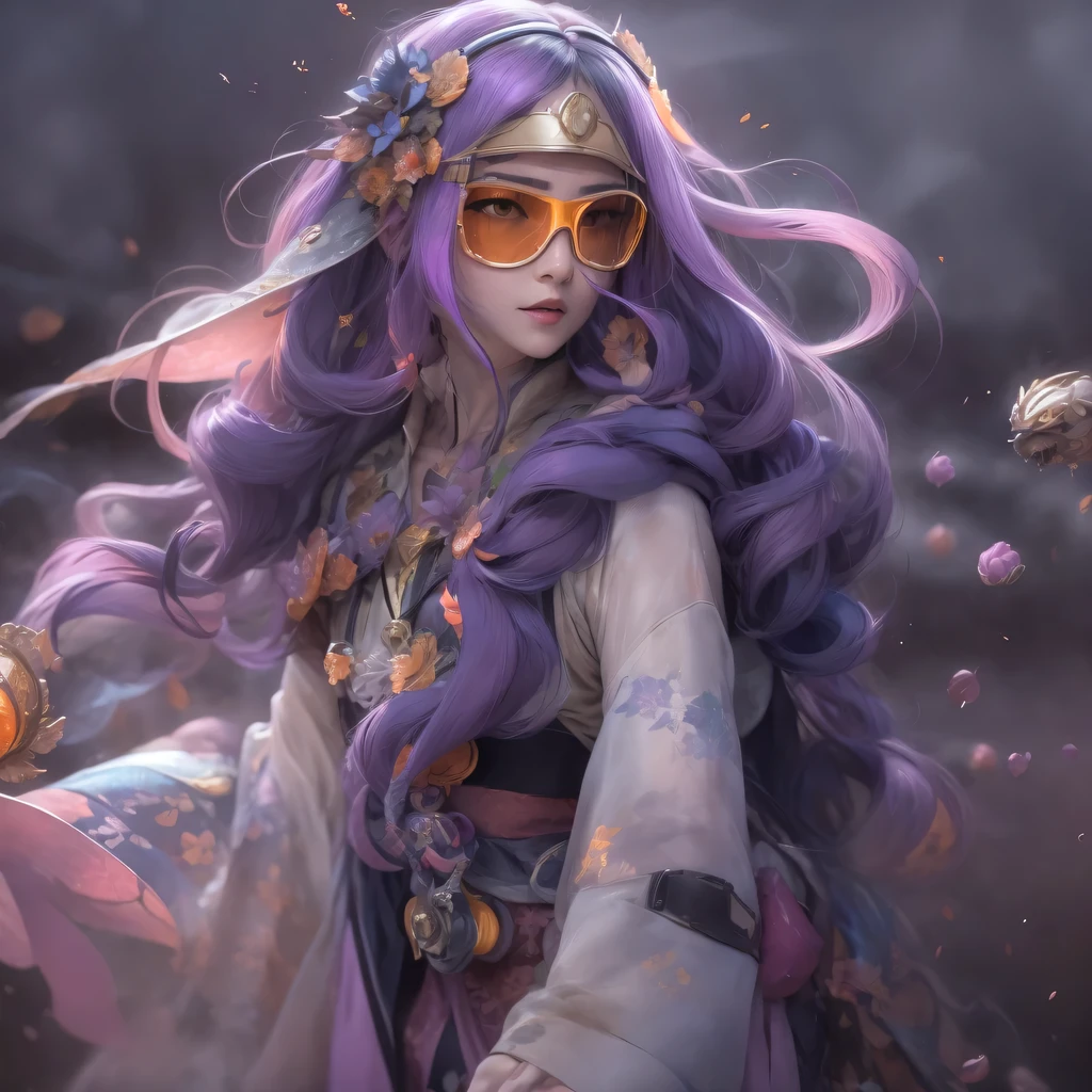 Chapter 3679 The Year of Cyberpunk（masterpiece，HD，超HD，32k lotus root starch）Bright purple flowing hair，autumn pond， lotus root starch color， Asian （Michiko）， （silk scarf）， fighting stance， looking at the colorful balloons， Orange gradient long hair， ((Thick frame reflective jade windproof goggles))Floating bright purple， Fire cloud gold headdress， Chinese long-sleeved gold silk garment， （Abstract ink splash：1.2），mars background，lotus（realistically：1.4），bright purple hair，Smoke on the road，The background is very ivory、pure， high resolution， Detailed wind protection goggles， RAW photos lotus root starch， Sharp Re， Nikon D850 film photo by Jefferies Lee 4 Kodak Portra 400 camera F1.6 guns, rich and colorful, Super real、Vivid texture, dramatic lighting, Unreal Engine Art Station Trend, Silicon Nest 800