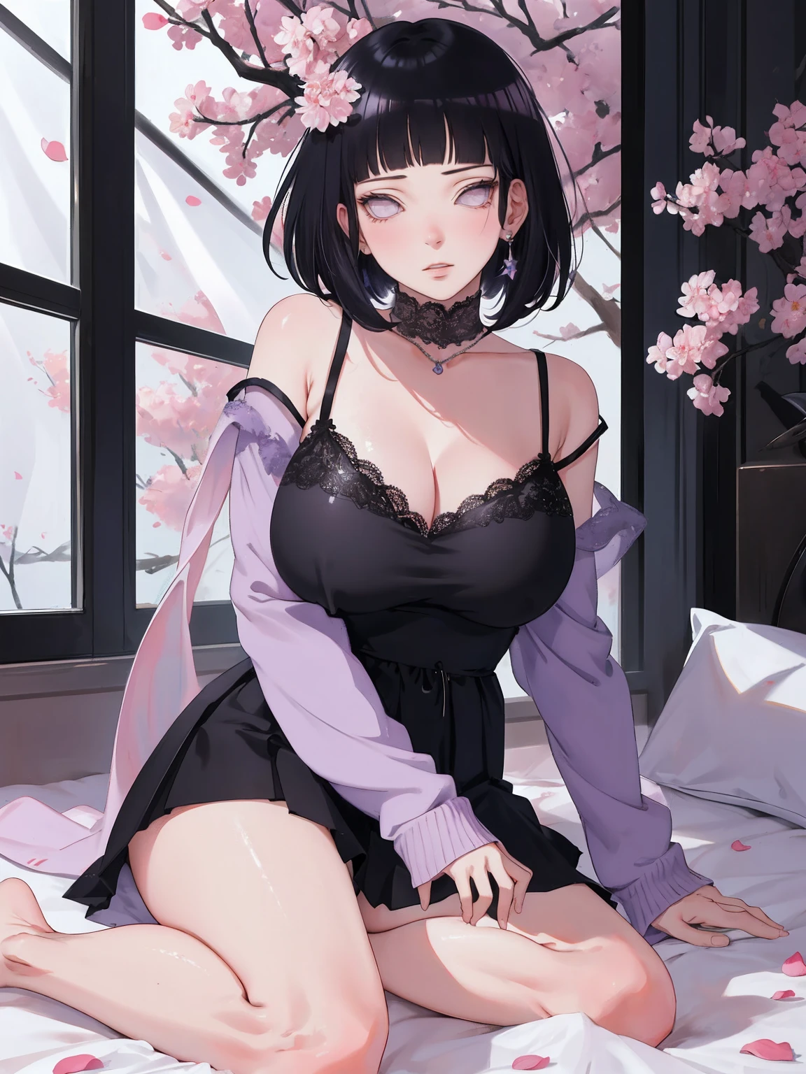 { - anatomy error} (Masterpiece - Ultra-detailed, very high resolution) (huge titusty, masterpiece, absurdres, hinata\(boruto\), 1girl, solo,mature female, off-shoulder bra, high waist black short skirt, looking at viewelling petals), perfect composition, detailed lips, big breast, beautiful face, body propotion, blush, (pink lips), short hair, (black hair), purple eyes, soft gaze, super realistic, detailed, photoshoot, realistic face and body, closed mouth, sitting on the bed , lilac eyes, full body, lace clothes, with chin resting on shoulder, perfect fingers