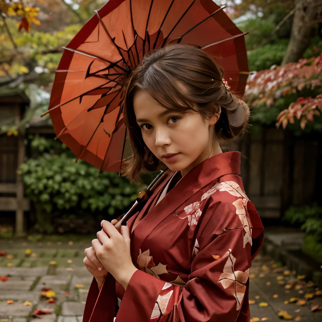 1girl, solo, looking at viewer, brown hair, holding, standing, outdoors, japanese clothes, red kimono, tree, red leaf, umbrella, holding umbrella, branch, blue kimono, oil-paper umbrella, autumn red color leaves , red theme