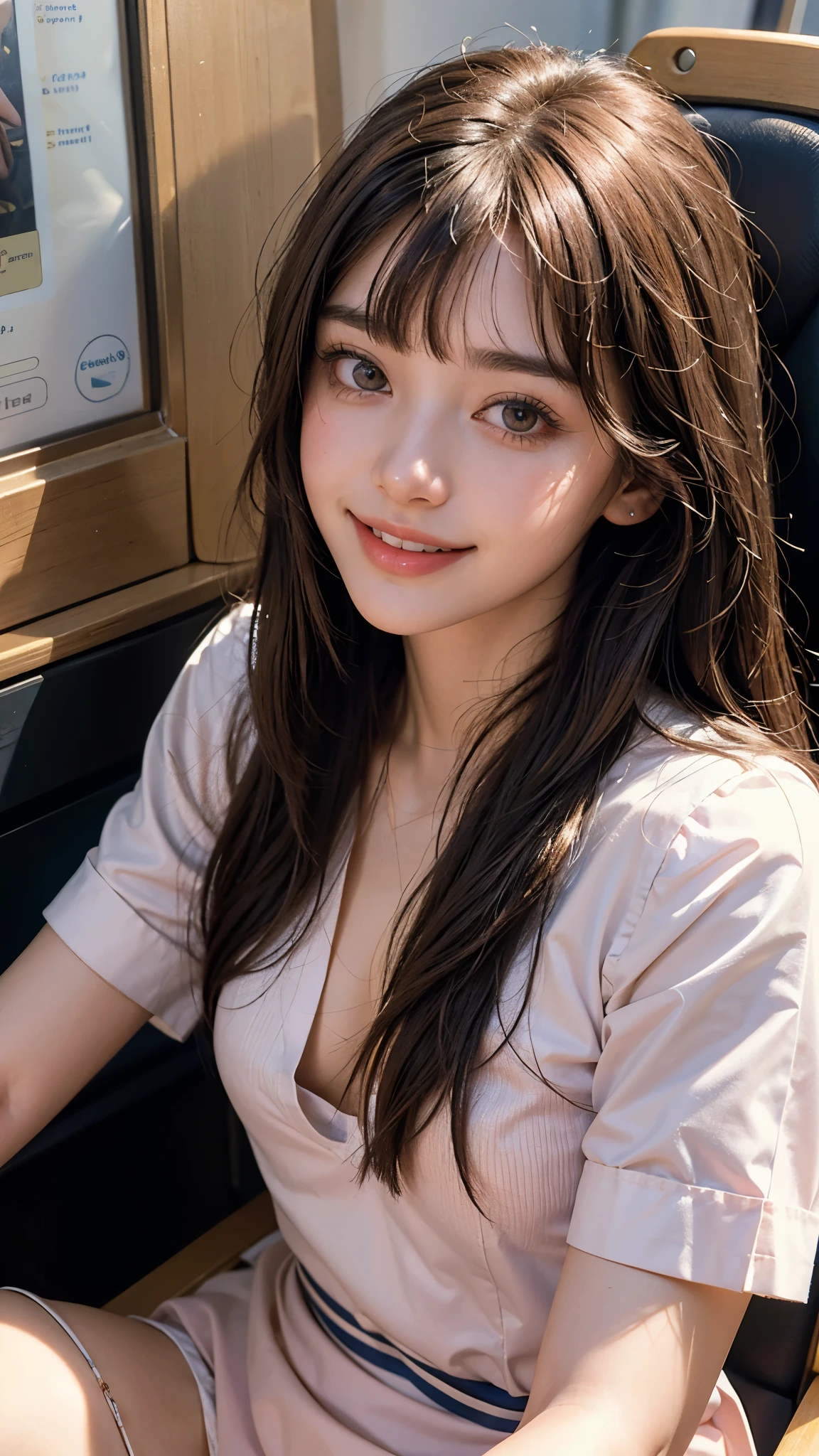 highest quality, masterpiece, ultra high resolution, (realistic:1.4), (close portrait) RAW photo, 1 girl, 22 years ago,slender body,Medium chest,Lifelike eyes,sparkling eyes,((cabin attendant)),((uniform)),((long hair with straight bangs)),((looking up at the viewer)),(blush),masterpiece, realistic pictures, ((small breasts)),((toothy smile)),