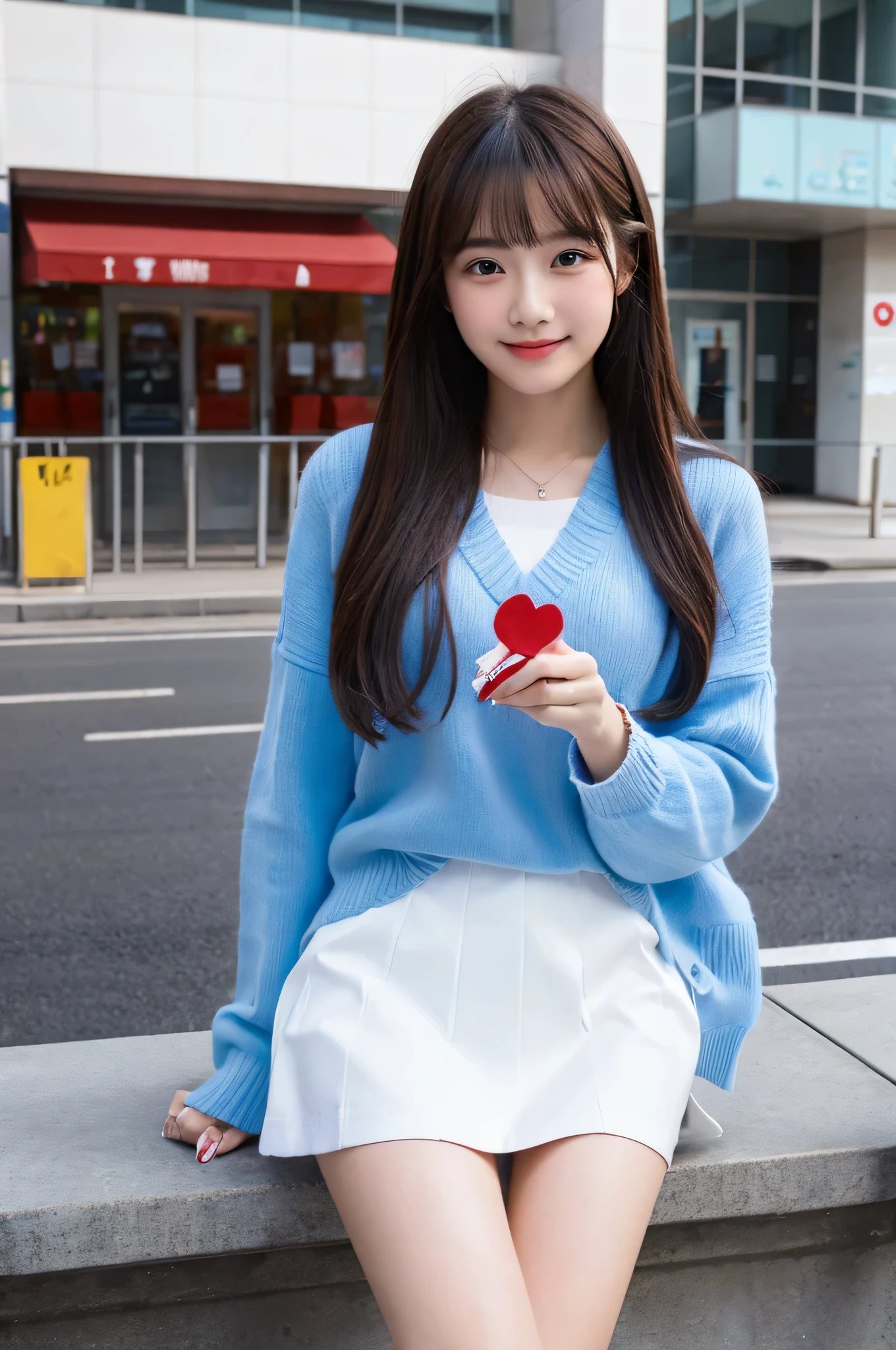 18 year old high school girl wearing a light blue miniskirt and white shirt.、holding valentine chocolate in both hands。