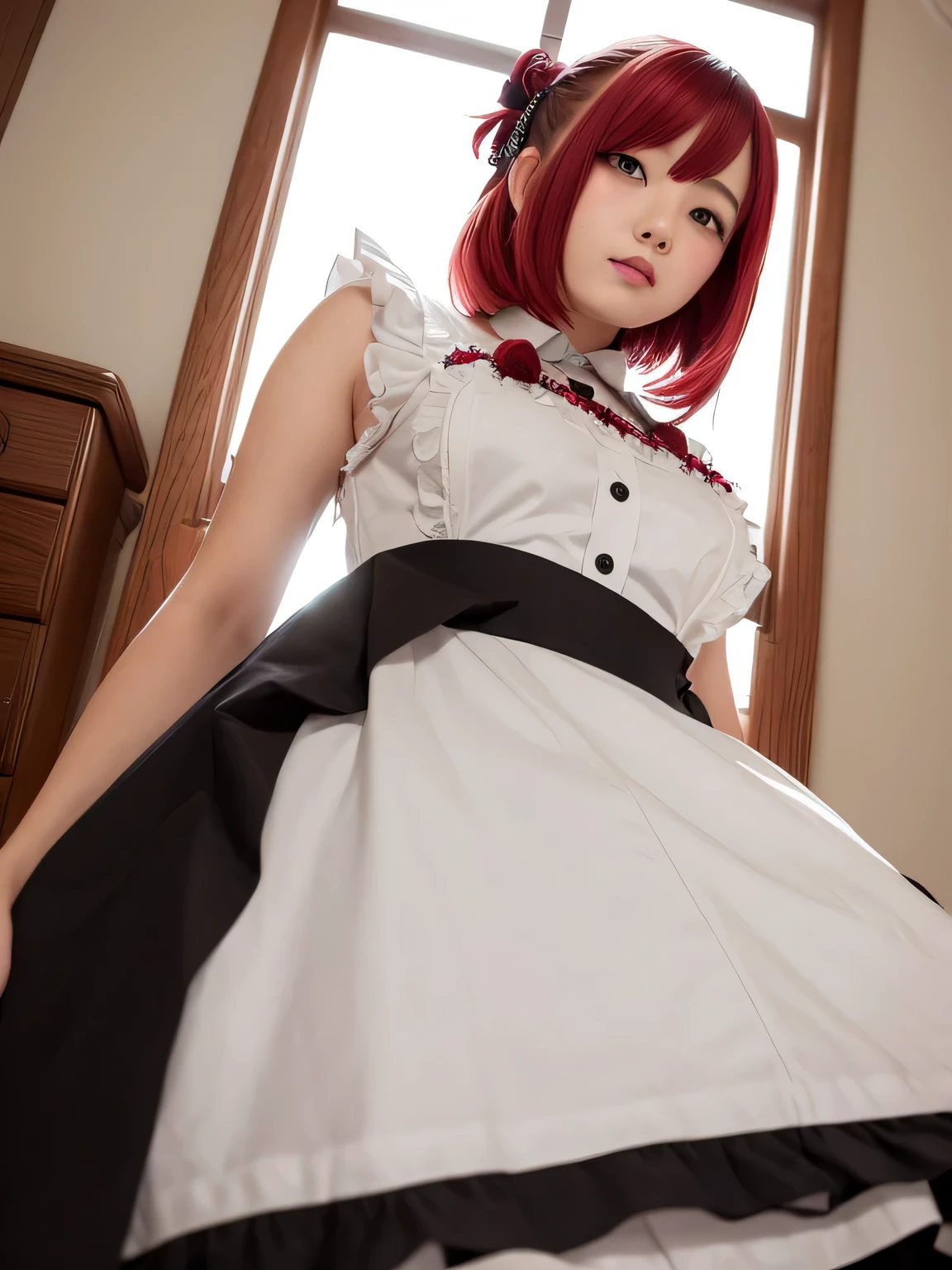 In maid clothes 、whole body、Photo taken from below、one beautiful maid、red hair long bob hair、hair ornaments、indoor