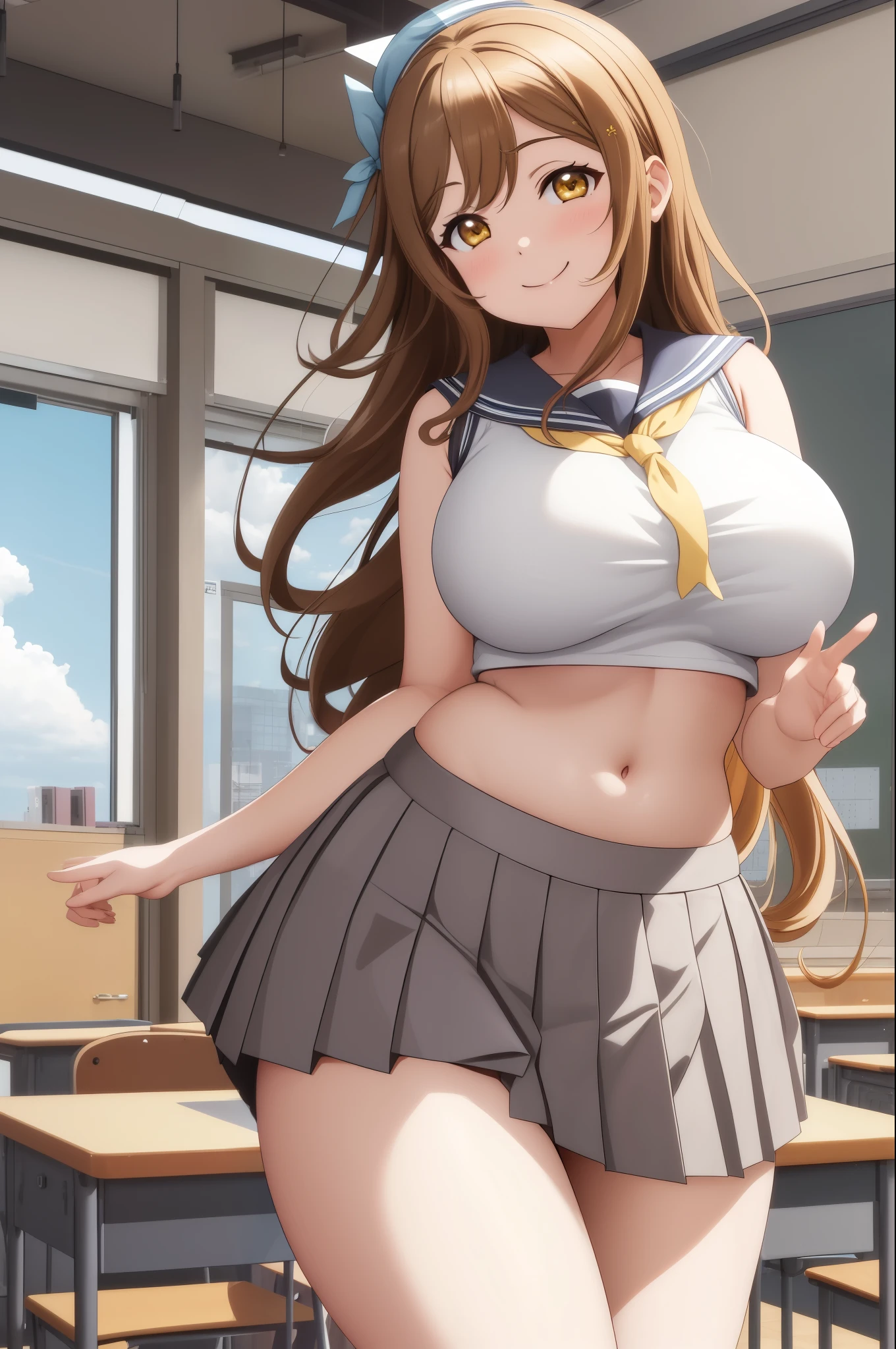 masterpiece, best quality, (kunikida hanamaru), (long hair:0.888), curvy body, playful pose,sailor top, gray pleated skirt, midriff, navel, thighs standing, ahoge smile, sleeveless, cowboy shot, hair ornamen ,big breast,in class