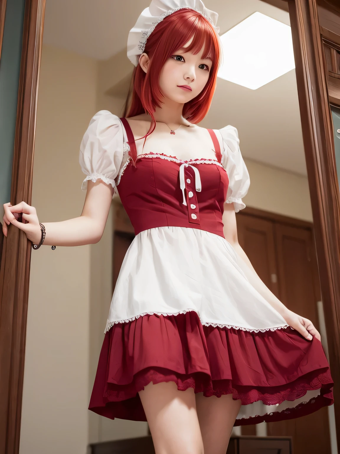 In maid clothes 、whole body、Photo taken from below、one beautiful maid、red hair long bob hair、hair ornaments、indoor