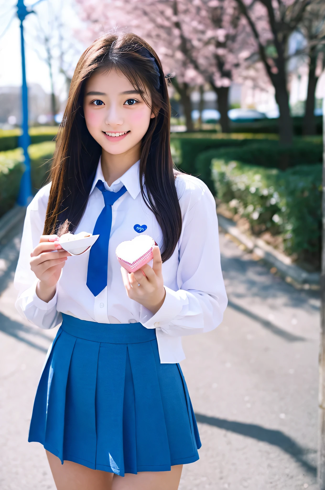 18 year old high school girl wearing a blue miniskirt and white shirt.、holding valentine chocolate in both hands。