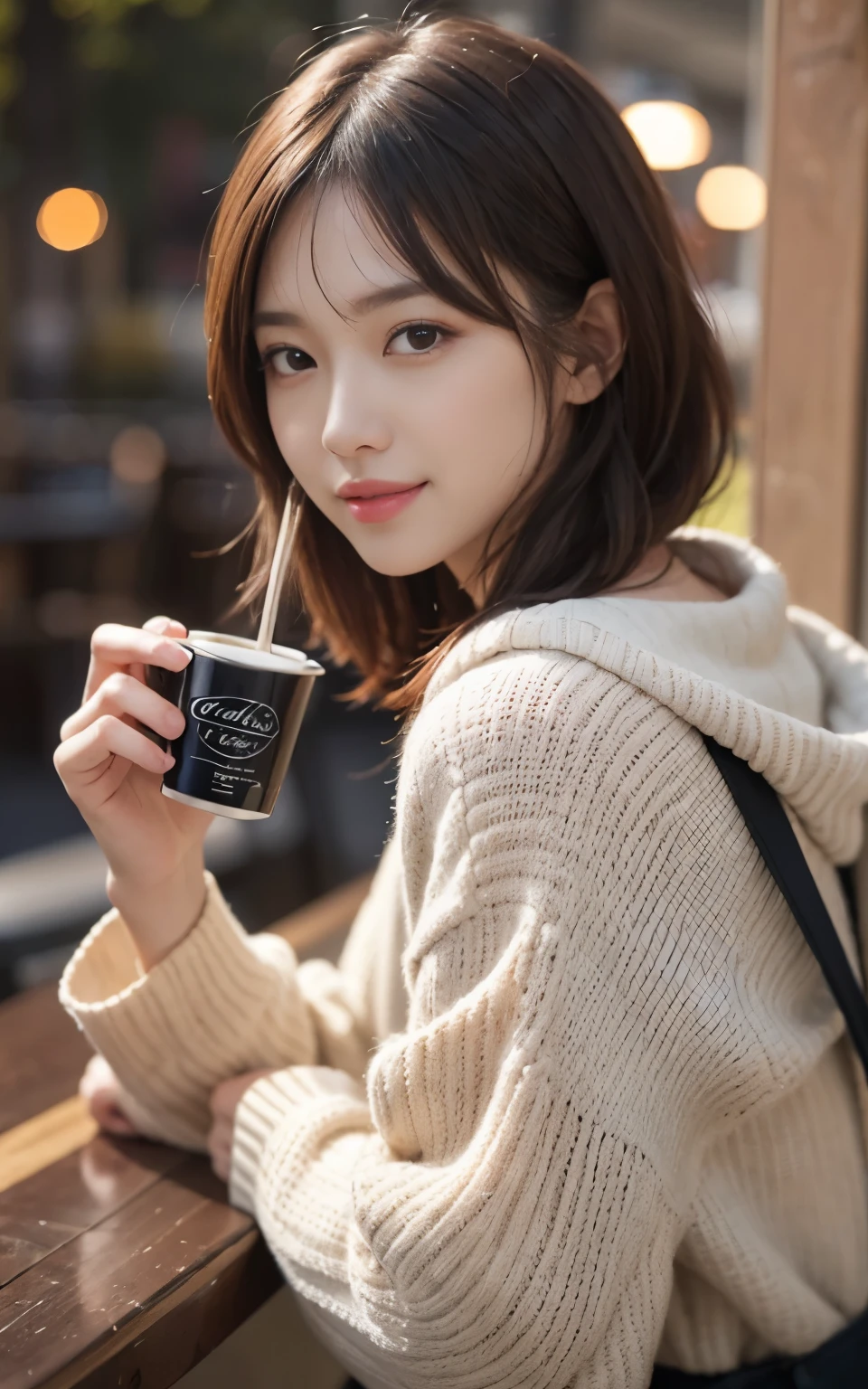 cute japanese 21 years old、Drink coffee in a café、nice cafe、her face is very thin、attention to detail、double eyelid、beautiful thin nose、sharp focus:1.2、Beautiful woman:1.4、(light brown hair、short hair、) 、pure white skin、highest quality、masterpiece、超High resolution、(Photoreal:1.4)、High resolution, professional lighting、nice smile、show your whole body、Cute winter clothes、
