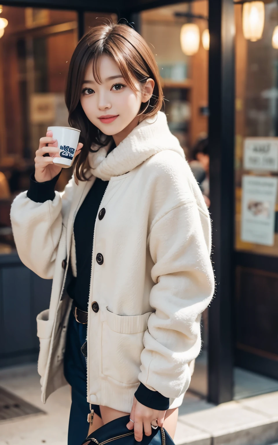 cute 21 year old japanese、Drink coffee in a café、nice cafe、super detail face、pay attention to details、double eyelid、beautiful thin nose、sharp focus:1.2、Beautiful woman:1.4、(light brown hair,short hair、),pure white skin、highest quality、masterpiece、ultra high resolution、(Photoreal:1.4)、Highly detailed and professional lighting、nice smile、show your whole body、Cute winter clothes、