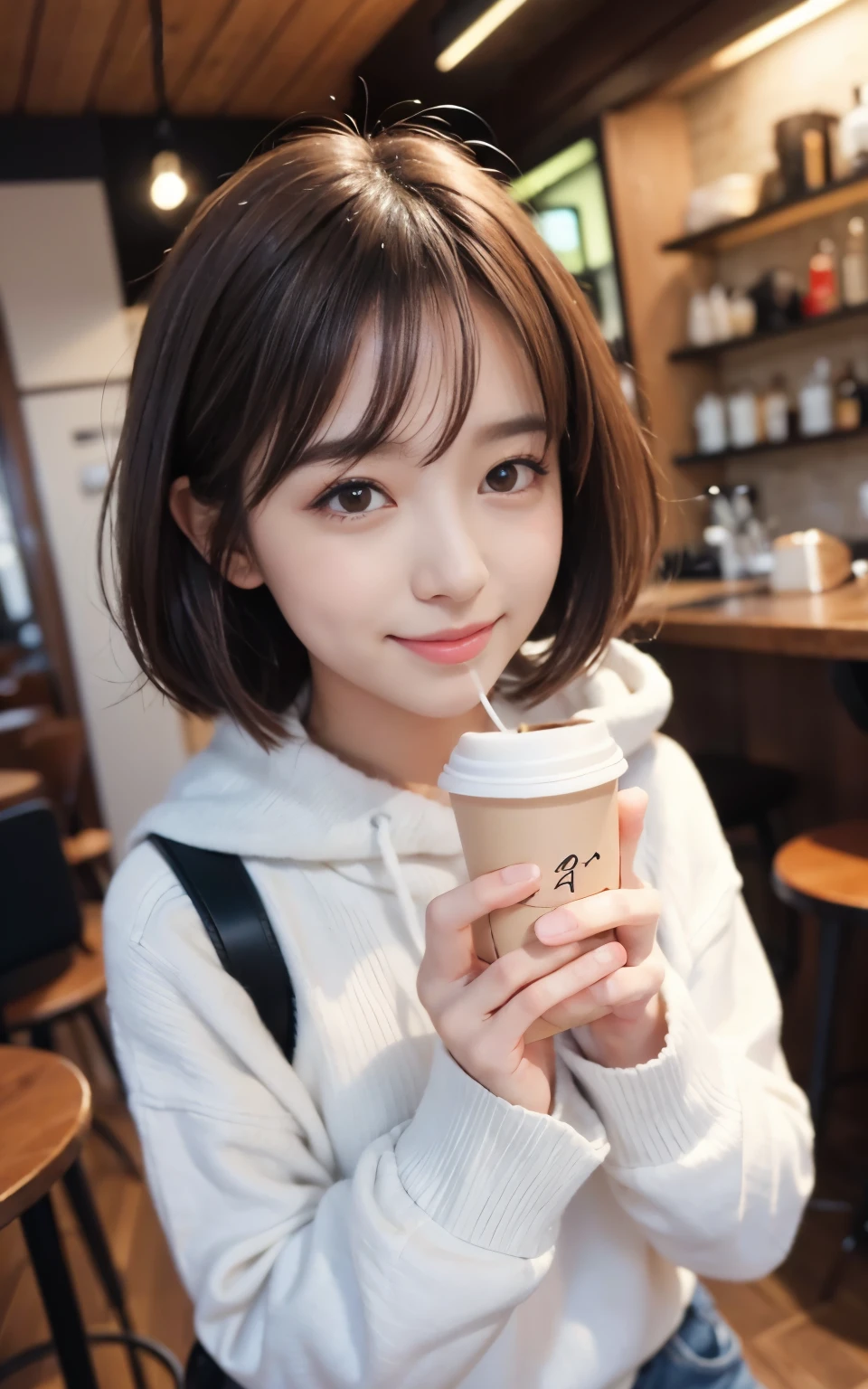 cute 21 year old japanese、Drink coffee in a café、nice cafe、super detail face、pay attention to details、double eyelid、beautiful thin nose、sharp focus:1.2、Beautiful woman:1.4、(light brown hair,short hair、),pure white skin、highest quality、masterpiece、ultra high resolution、(Photoreal:1.4)、Highly detailed and professional lighting、nice smile、show your whole body、Cute winter clothes、