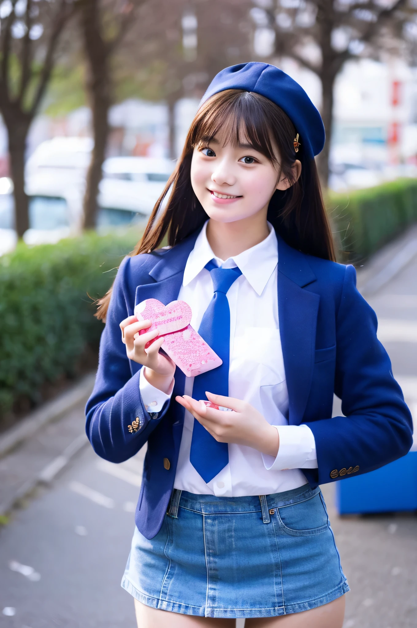 18 year old high school girl wearing a blue miniskirt and white shirt.、holding valentine chocolate in both hands。