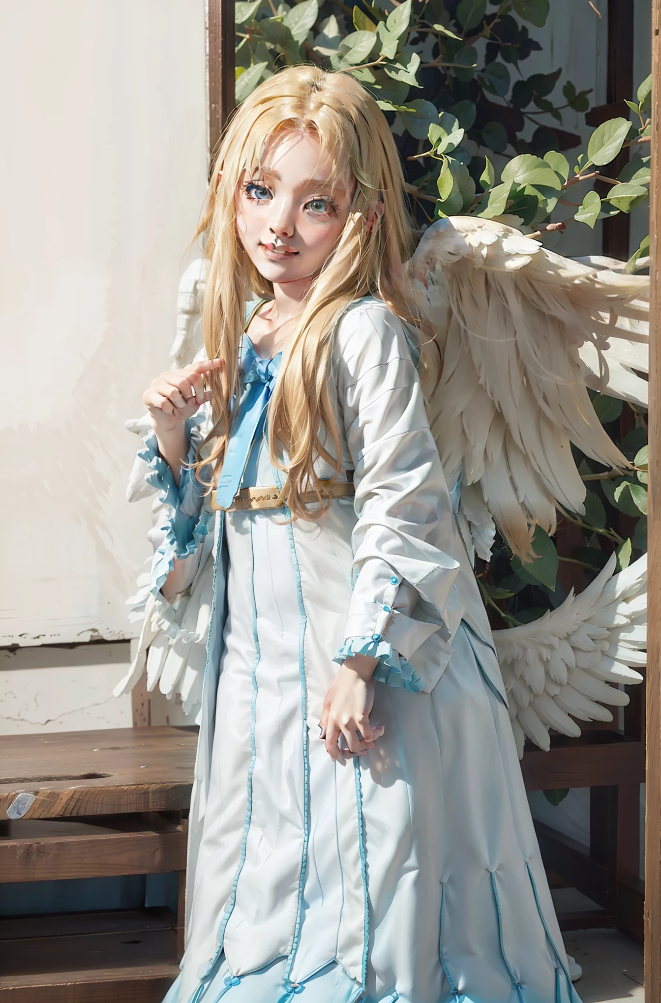 filo attire, standing full body, wings, smile, happy, blush,blonde hair,white dress, , White wings,close up shot