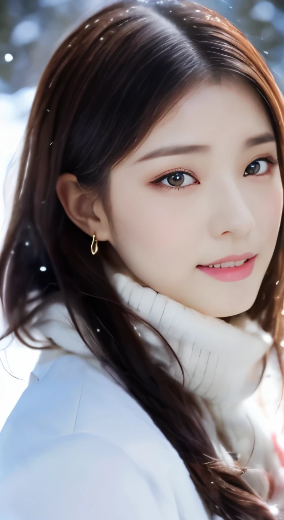 1 female, (close up of face:1.5), light brown hair, dull bangs, hair behind the ear, hair on shoulders, long hair, slender body shape, Extra-fine face, thin face, delicate lips, (beautiful eyes:1.5), light blush, eyes are light brown,watch here, extra thin hands, Super thin fingers, Optimal ratio of 4 fingers and 1 thumb, (realistic:1.3), white long coat, Scarf , gloves、Coniferous forest with heavy snowfall, It's snowing .one person's perspective, 8K, table top, nffsw, Super detailed, high quality, 最high quality, High resolution