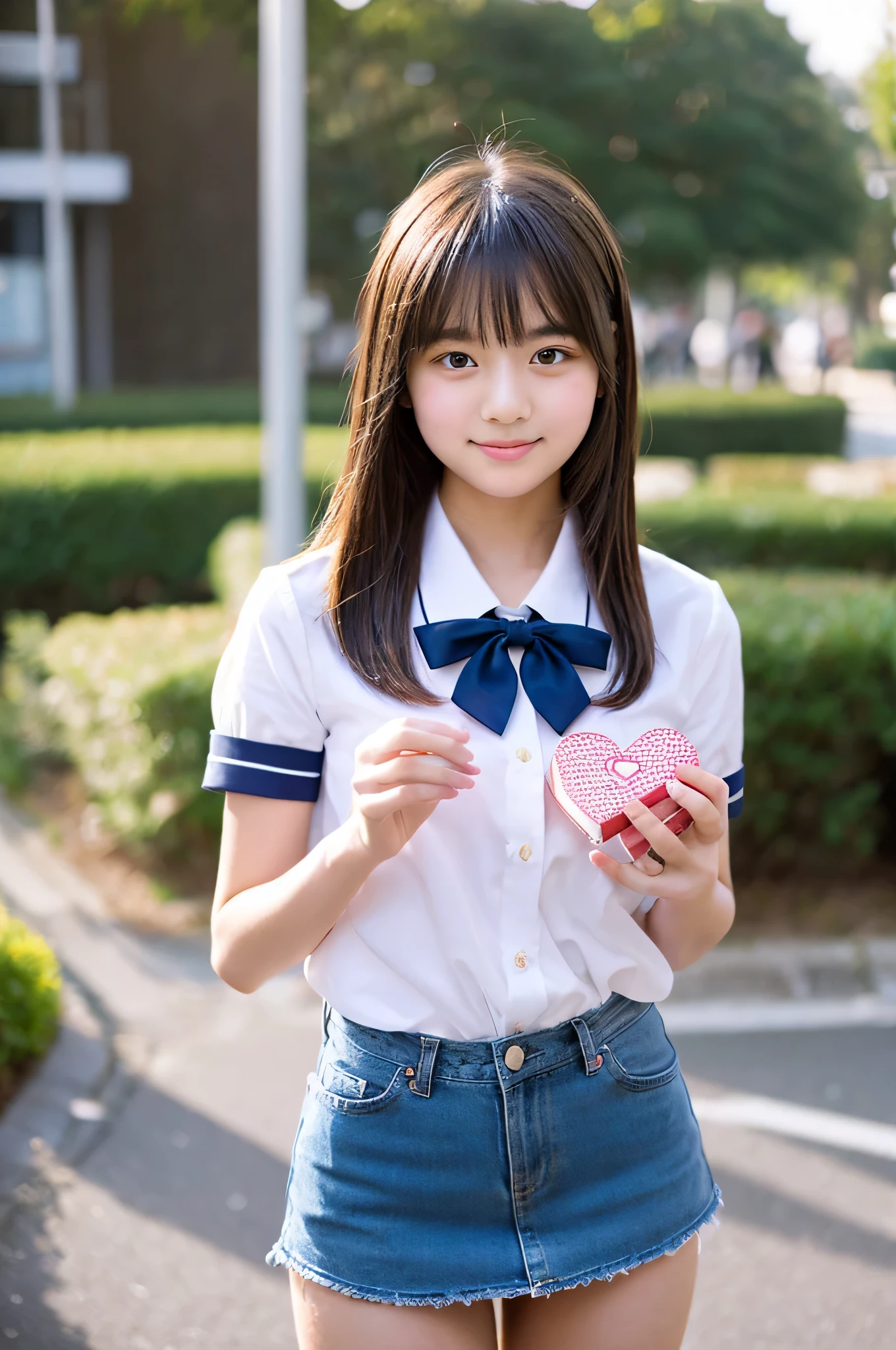 An 18-year-old high school girl wearing a navy miniskirt and white shirt..、holding valentine chocolate in both hands。