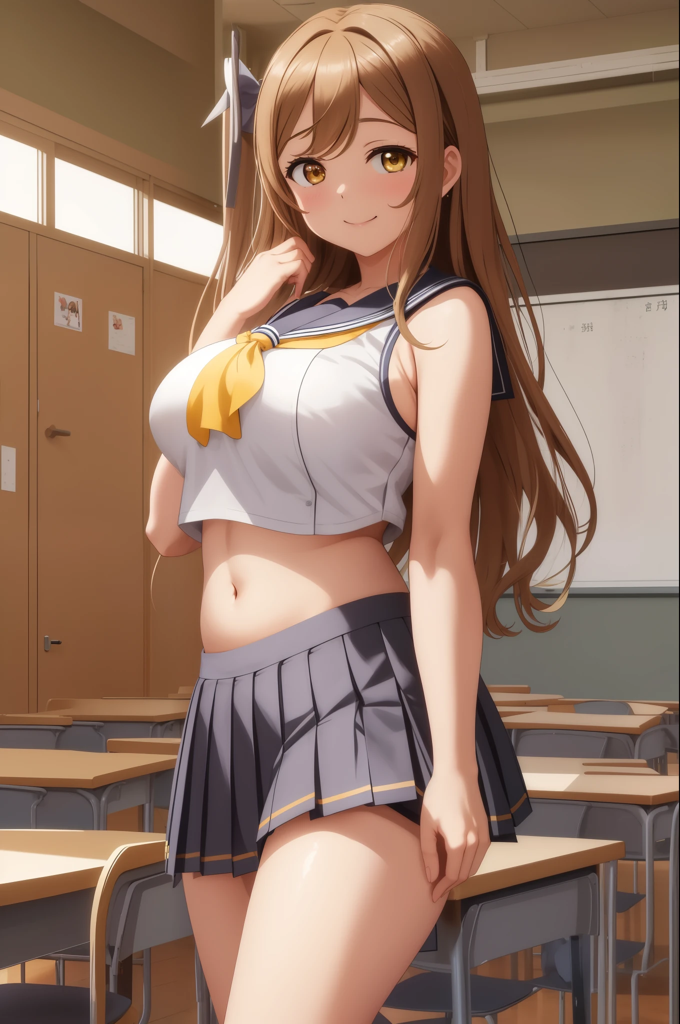 masterpiece, best quality, (kunikida hanamaru), (long hair:0.888), playful pose,sailor top, gray pleated skirt, midriff, navel, thicc thighs standing, ahoge smile, sleeveless, cowboy shot, hair ornamen ,big breast,in class