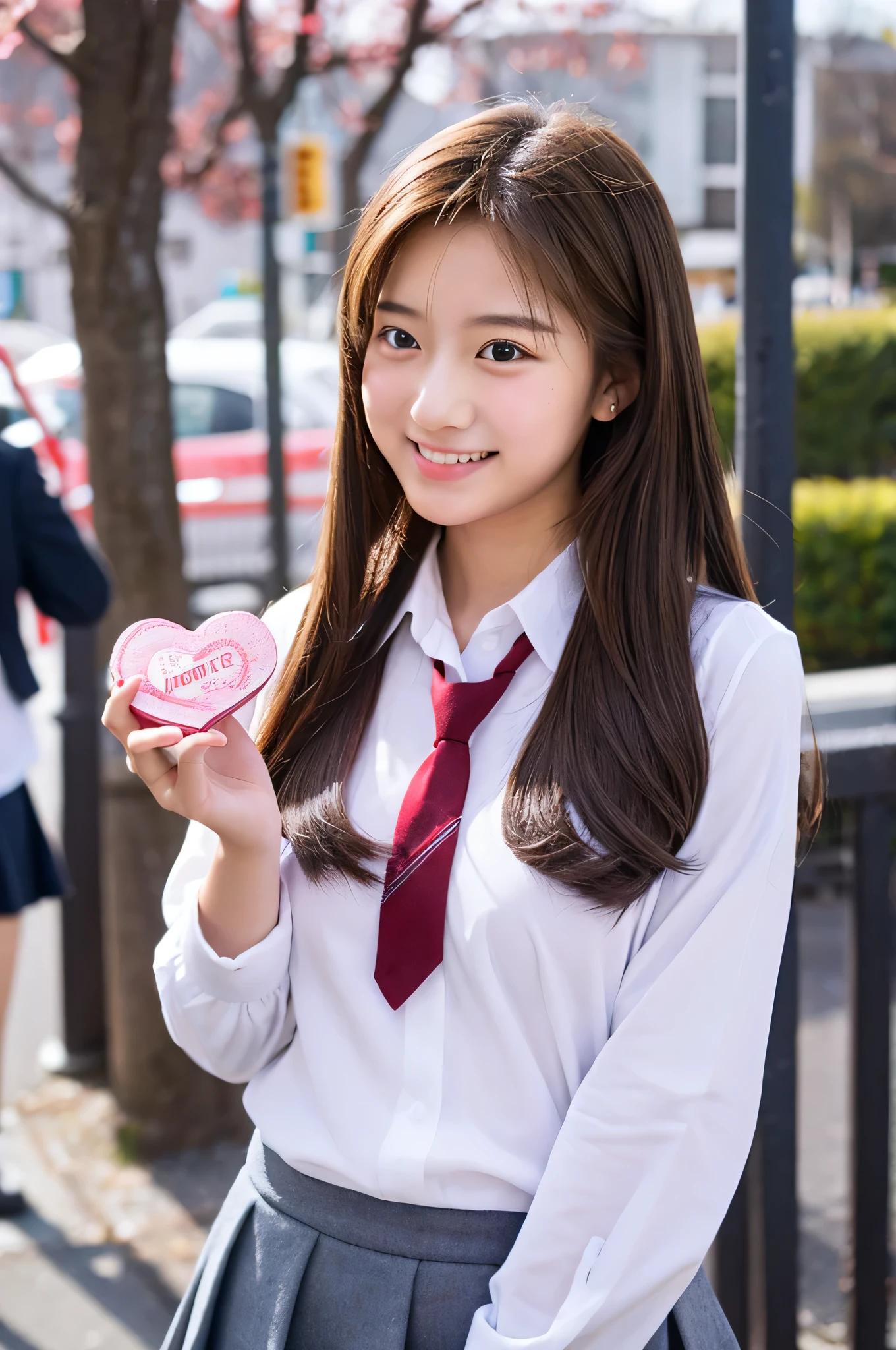 18 year old high school girl wearing a gray miniskirt and white shirt.、holding valentine chocolate in both hands。