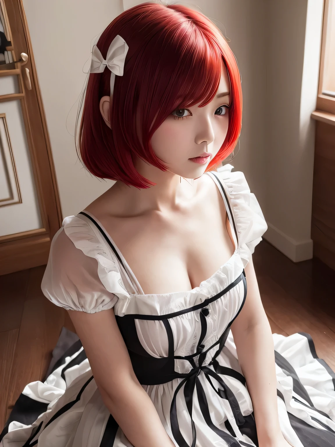In maid clothes 、whole body、Photo taken from below、one beautiful maid、red hair long bob hair、hair ornaments、indoor