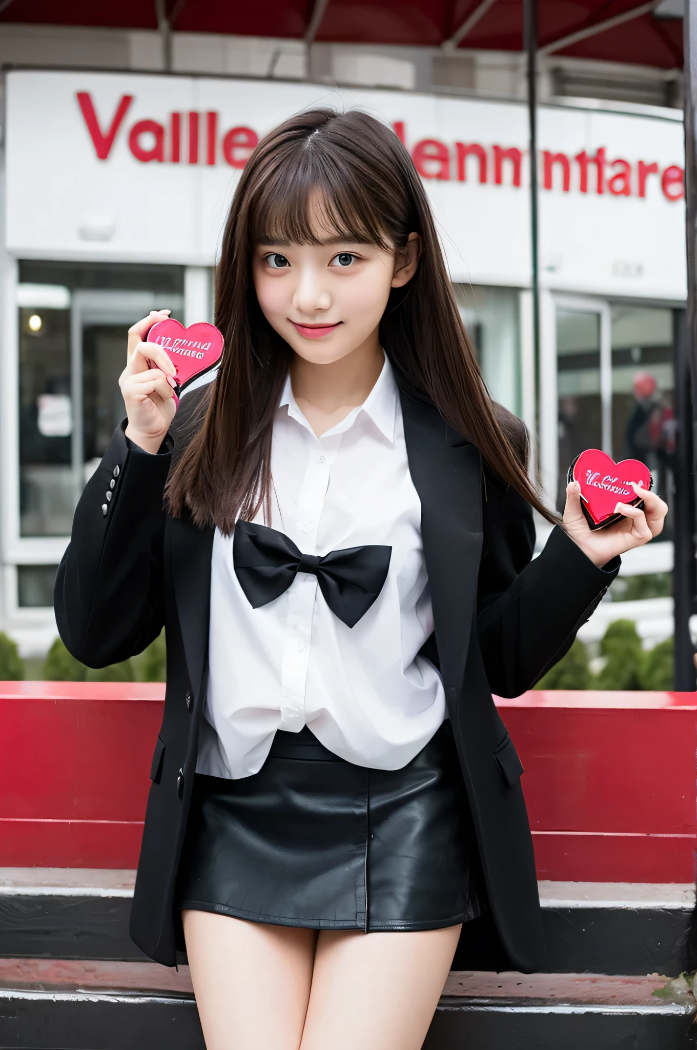 18 year old high school girl wearing a black miniskirt and white shirt.、holding valentine chocolate in both hands。