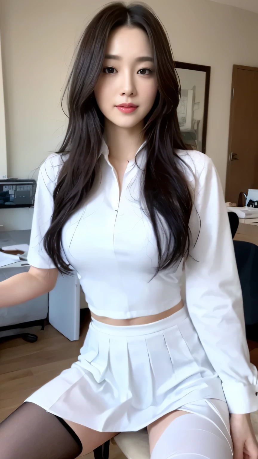 ((top-quality、8k、masterpiece:1.3))、Beautiful woman with perfect body:1.4、slim abdomen:1.2、Longhair, normal breast, Highly detailed facial and skin texture, A detailed eye, delicate eyes, double eyelid, (smile), (full body shot), ((office room)), (sitting on chair), (((wearing white uniform 1.1))), looking in front