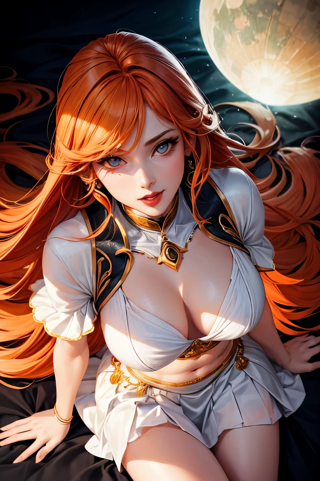 Goddess Woman, 30 years, orange hair, adult, black body, white skirt and bolero, saliva, excited, open legs, soft ligth, parted lips, red lips, face detail, from above, fingers --style realistic-imagine -