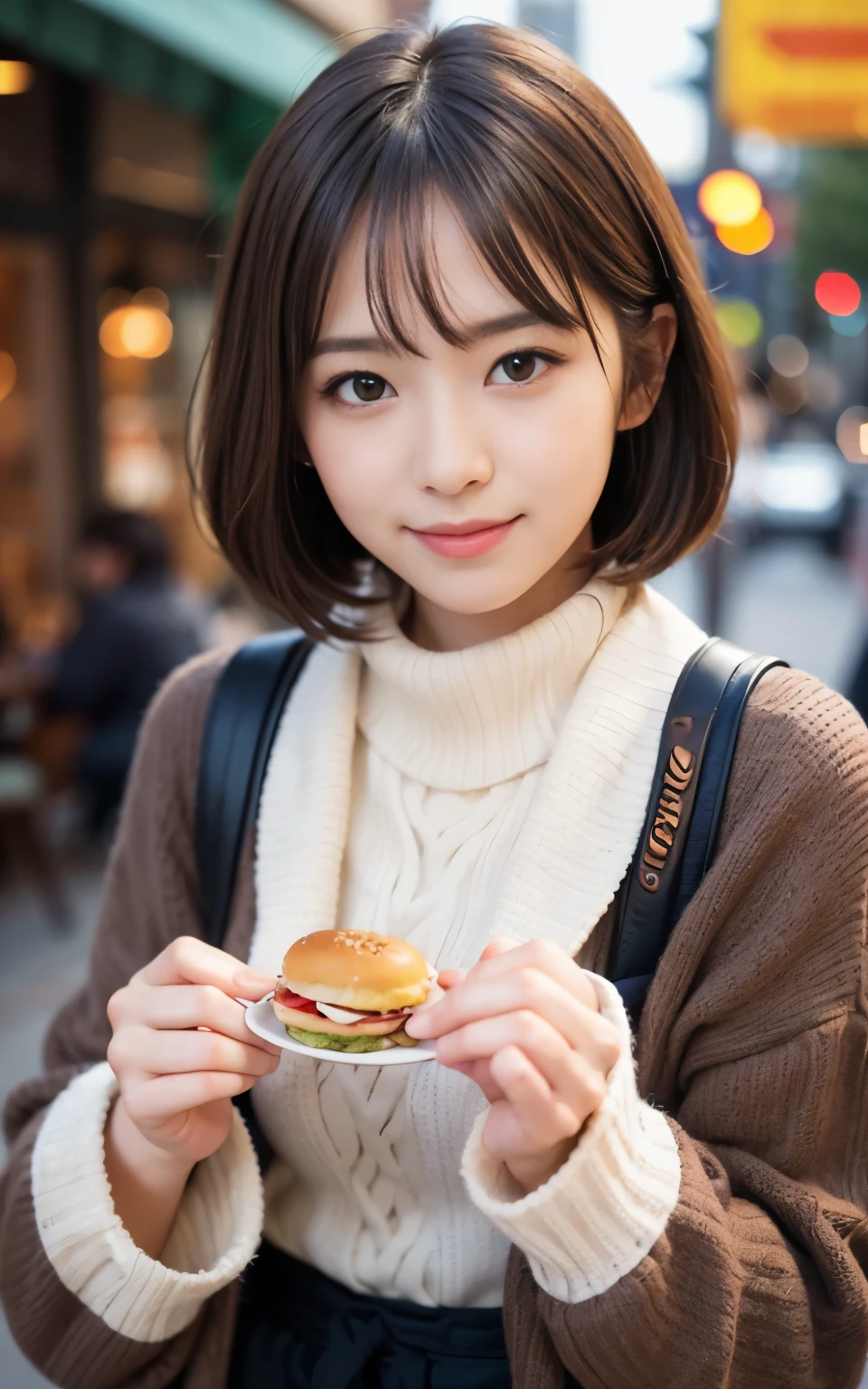 cute japanese 21 years old、eat a hamburger at a cafe、nice cafe、her face is very thin、attention to detail、double eyelid、beautiful thin nose、sharp focus:1.2、Beautiful woman:1.4、(light brown hair、short hair、) 、pure white skin、highest quality、masterpiece、超High resolution、(Photoreal:1.4)、High resolution, professional lighting、nice smile、show your whole body、Cute winter clothes、