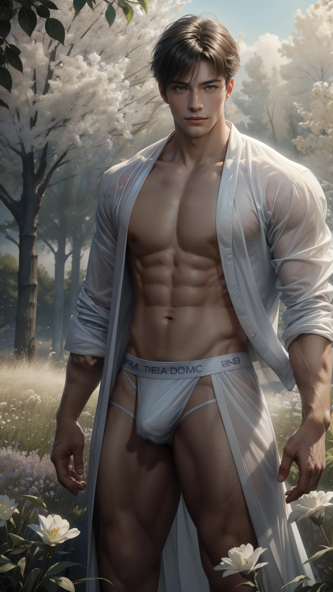 1 man, (male model) hot skin, masterpiece, best quality, most handsome man in the world, by Shen Quan, perfect body, beautiful male model, an attractive man 18-24 years old aesthetic, blossoms in spring, green fields, spring, plains, trees, flowers, blue sky, rough and handsome young man in white transparent robe, white transparent fabric, shirtless jacket shoulders, exposed chest muscles, exposed thighposed transparent white briefs)), (male focus), (smooth body)), smile, super cute, dynamic pose, cool and seductive, dramatic lighting, full body shot, full body shoot, young face, full body, body hairless, skinny tall, fit body, dominant, white or white skin, young face, firm body, hd, natural flesh tone, soft light, highly detailed, looking at the audience, photography, detailed skin, real person, realistic, photorealistic realistic, crazy detail, facial detail, hype maximization, hype surrealism, film, telephoto, lighting complex detail , Highly detailed, Highly detailed, Digital painting, artstation, concept art, smooth, sharp focus, illustration, Unreal Engine 5, 8K, art by Ross Tran and Greg Rutkowski and Alphonse Mucha, UHD, 8k, Show men only .8k Ultra HD, DSLR, dim lighting, high quality, film grain, Fujifilm XT3, male fan, 2-person, two-person model.