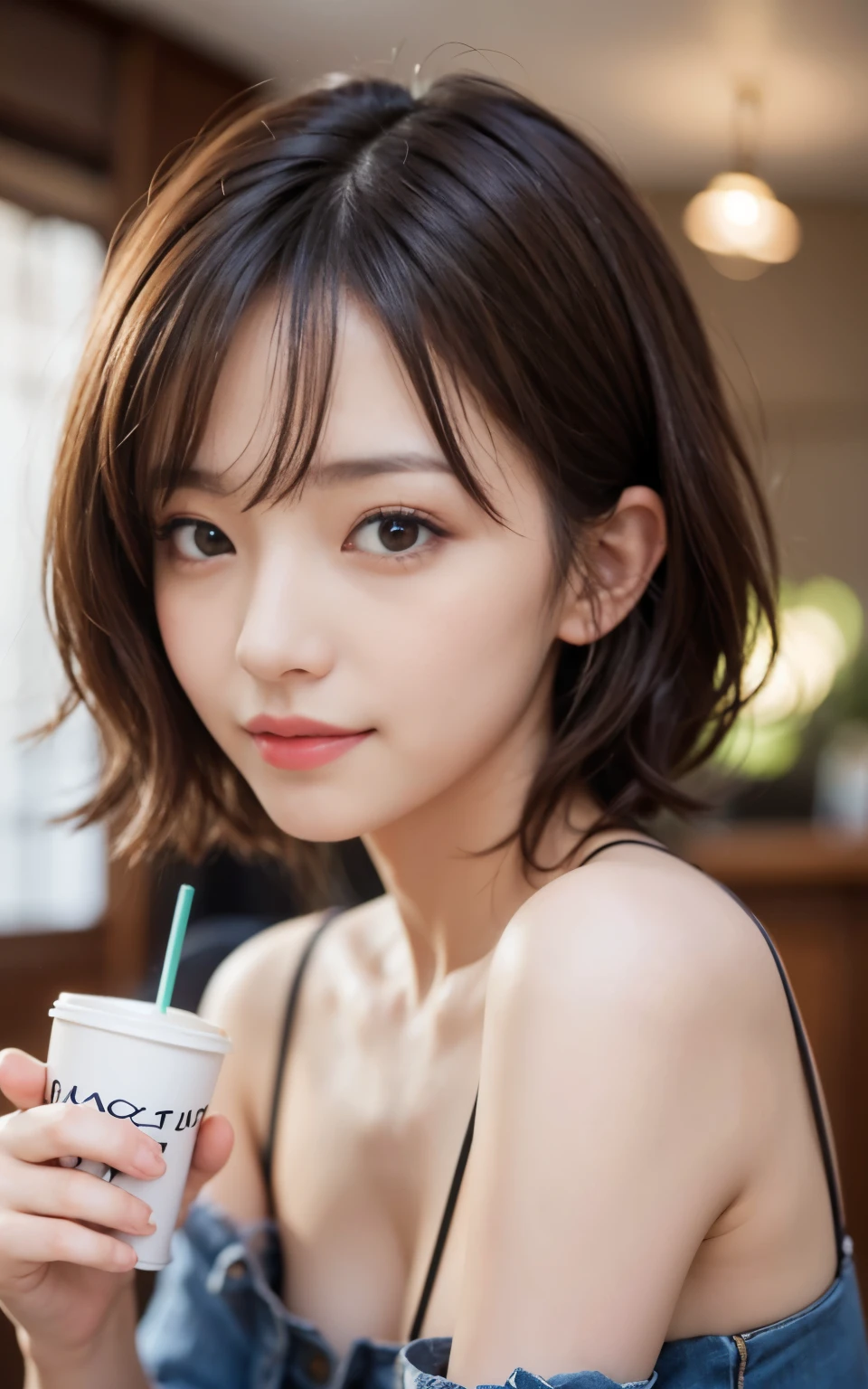 cute japanese 21 years old、Drink coffee in a café、nice cafe、her face is very thin、attention to detail、double eyelid、beautiful thin nose、sharp focus:1.2、Beautiful woman:1.4、(light brown hair、short hair、) 、pure white skin、highest quality、masterpiece、超High resolution、(Photoreal:1.4)、High resolution, professional lighting、nice smile、show your whole body、cute fall clothes、