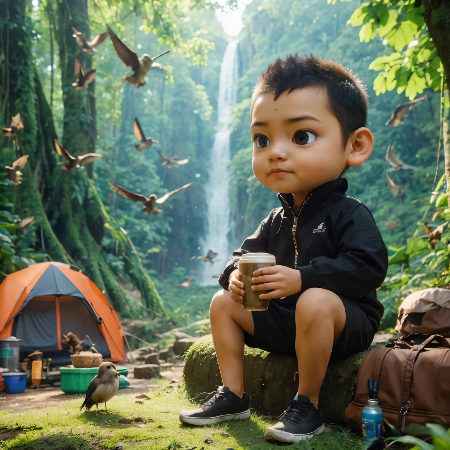 animasi 3d + super realistic, poto seorang pria indonesia, , rambut pendek rapi, agak gemuk, berjaket hitam celana pendek, duduk sambil memegang gelas kopi, camping ditengah hutan hujan dan ada pohon besar, dikelilingi banyak burung, ultra hd, foto jelas