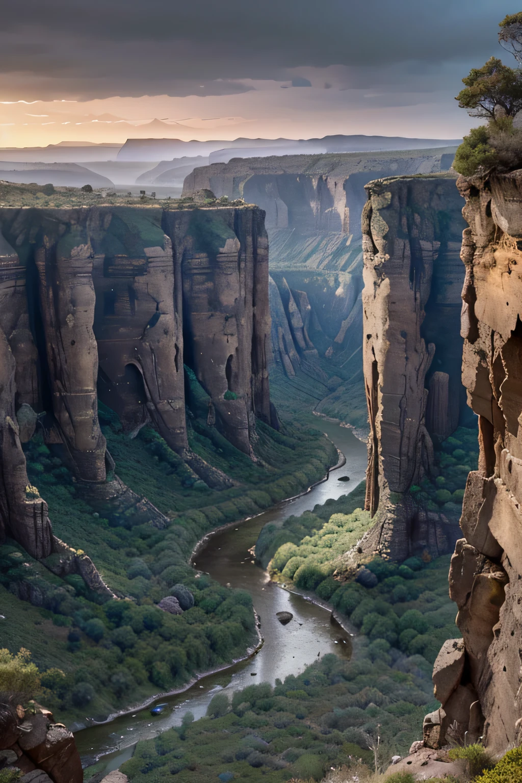 small wavy, rocoso, arid valley, small groups of trees here and there, Una cadena gigante de acantilados se eleva frente al valle., ocultando el horizonte. 4k, panorama, colores vivos. Stunning epic cinematics, intrincada, meticulosamente detallada, dramatic, atmospheric, maximalista, pintura mate digital.