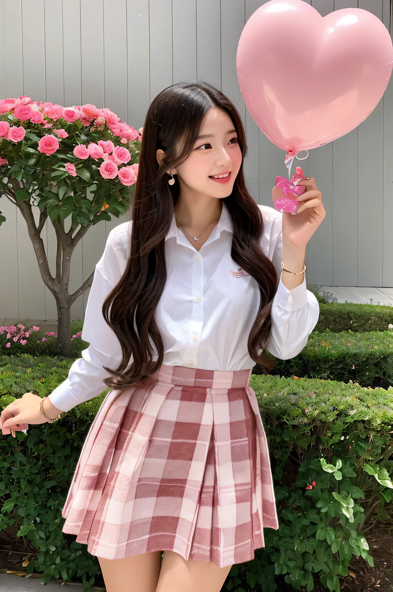 18-year-old high school girl wearing a pink plaid miniskirt and white shirt.、holding valentine chocolate in both hands。