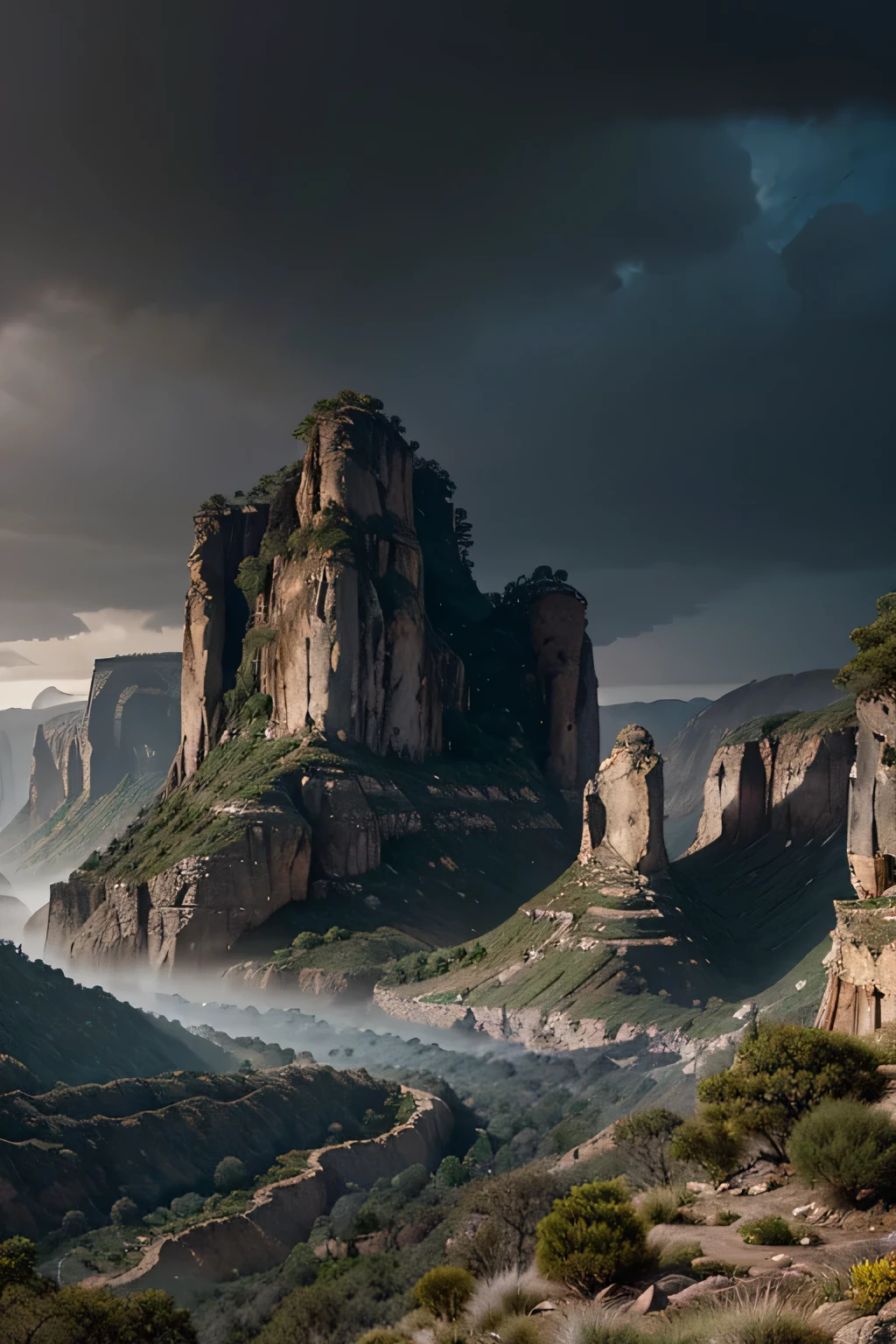 small wavy, rocoso, arid valley, small groups of trees here and there, Una cadena gigante de acantilados se eleva frente al valle., ocultando el horizonte. 4k, panorama, colores vivos. Stunning epic cinematics, intrincada, meticulosamente detallada, dramatic, atmospheric, maximalista, pintura mate digital.
