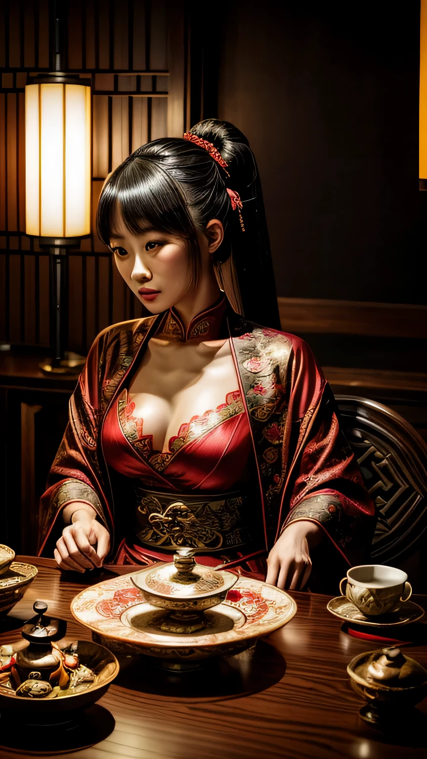 there is a woman sitting at a table with a dragon statue, chinese fantasy, dragon girl, dragon-inspired cloth robes, you being dragon food, godzilla tea party with barbie, of taiwanese girl with tattoos, oriental fantasy, chinese woman, chie yoshii, inspired by Chen Yifei, japanese fantasy, yakuza slim girl, an asian woman, asian woman